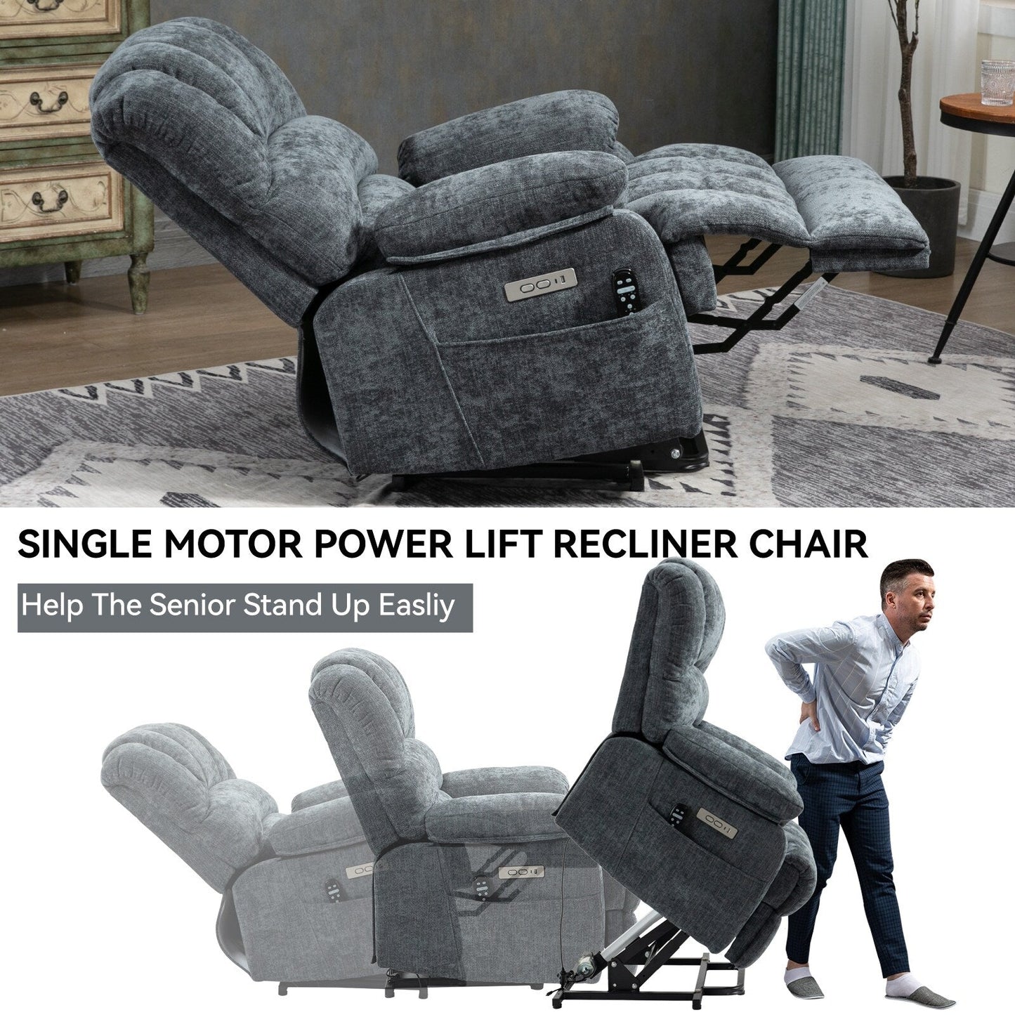 Fauteuil inclinable électrique de grande taille en chenille avec largeur d'assise de 23 pouces et dossier haut, massage par vibration à 8 points et chauffage lombaire