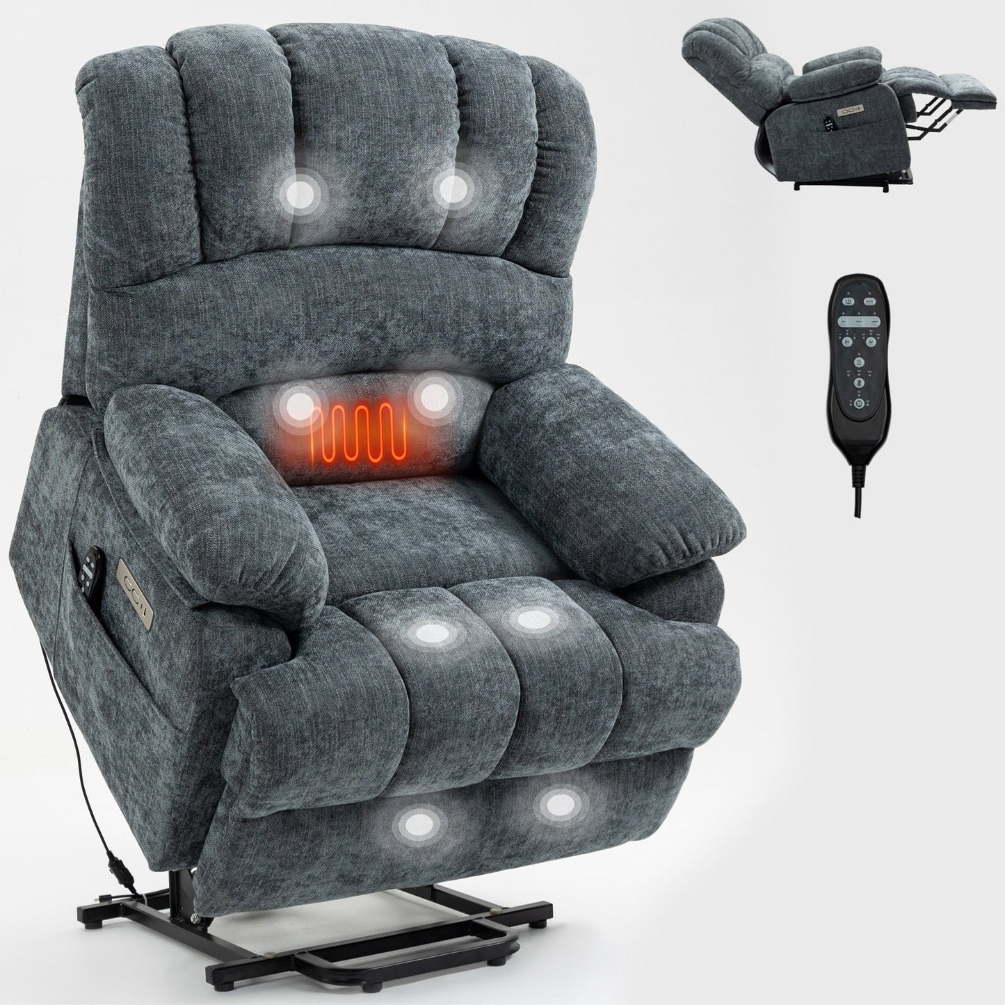 Fauteuil inclinable électrique de grande taille en chenille avec largeur d'assise de 23 pouces et dossier haut, massage par vibration à 8 points et chauffage lombaire