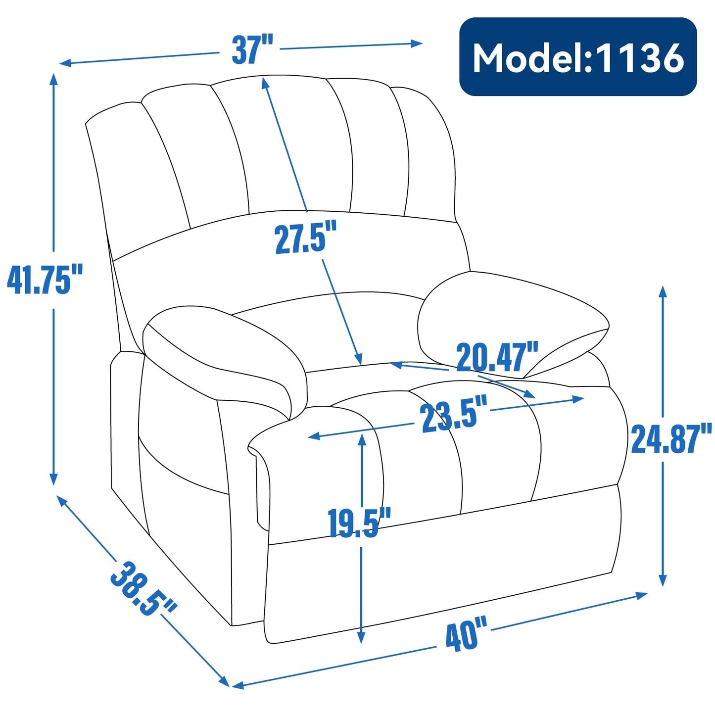 Fauteuil inclinable électrique de grande taille en chenille avec largeur d'assise de 23 pouces et dossier haut, massage par vibration à 8 points et chauffage lombaire