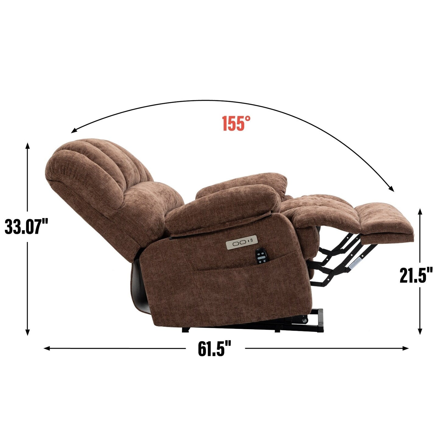 Fauteuil inclinable électrique de grande taille en chenille avec largeur d'assise de 23 pouces et dossier haut, massage par vibration à 8 points et chauffage lombaire