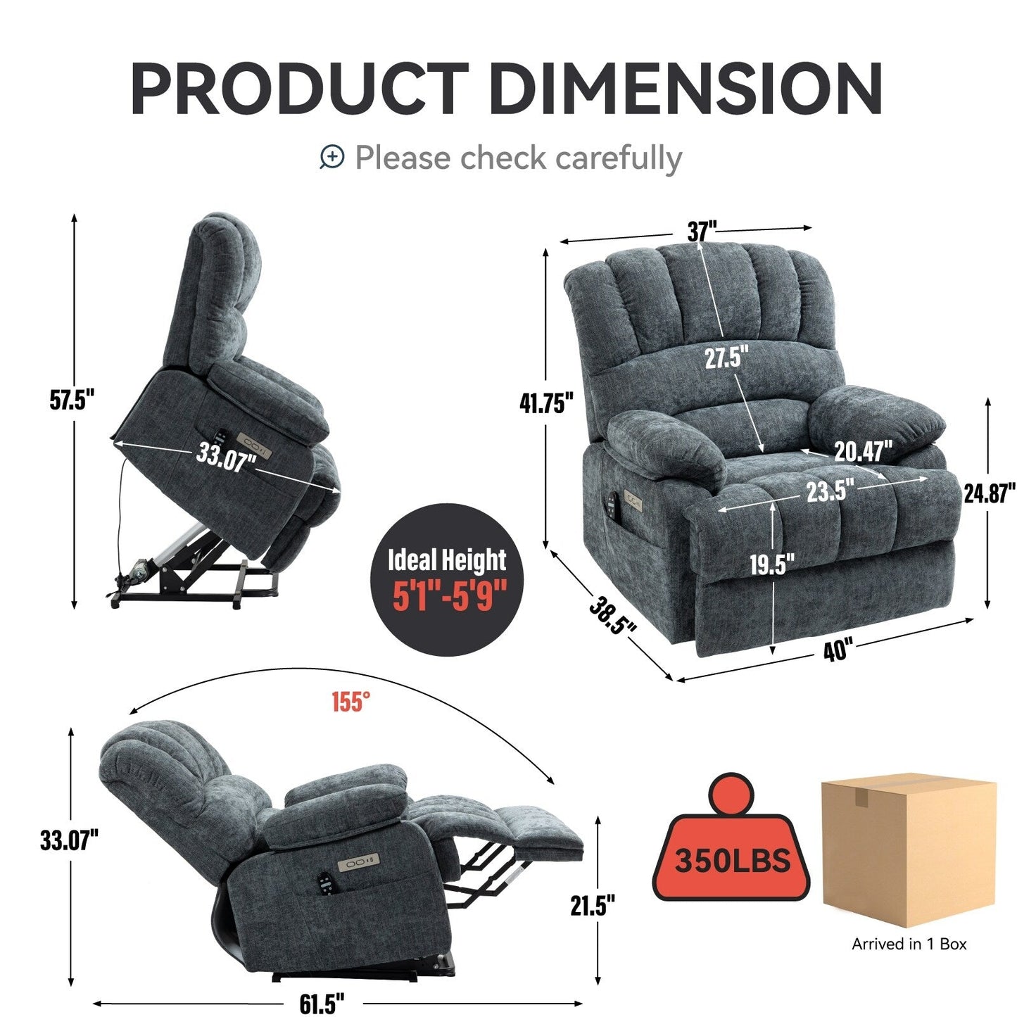 Fauteuil inclinable électrique de grande taille en chenille avec largeur d'assise de 23 pouces et dossier haut, massage par vibration à 8 points et chauffage lombaire