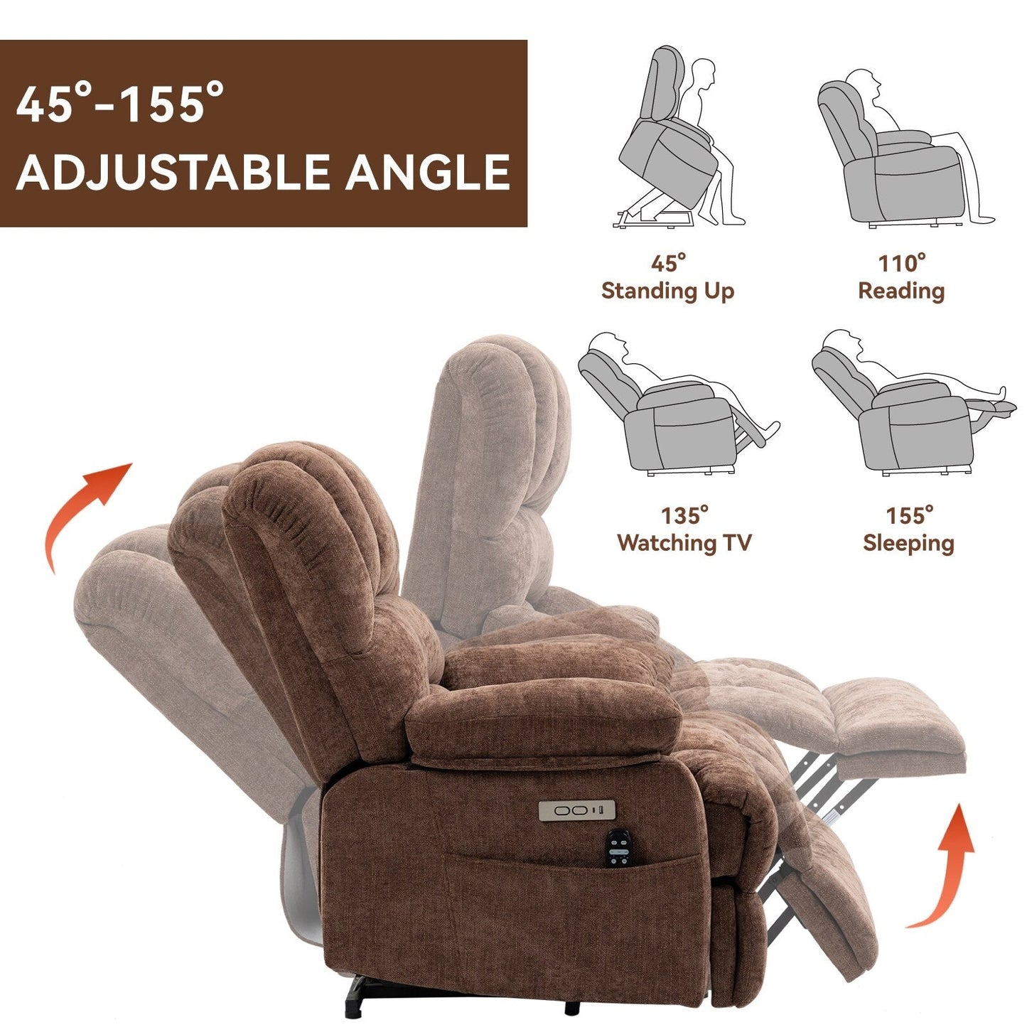 Fauteuil inclinable électrique de grande taille en chenille avec largeur d'assise de 23 pouces et dossier haut, massage par vibration à 8 points et chauffage lombaire