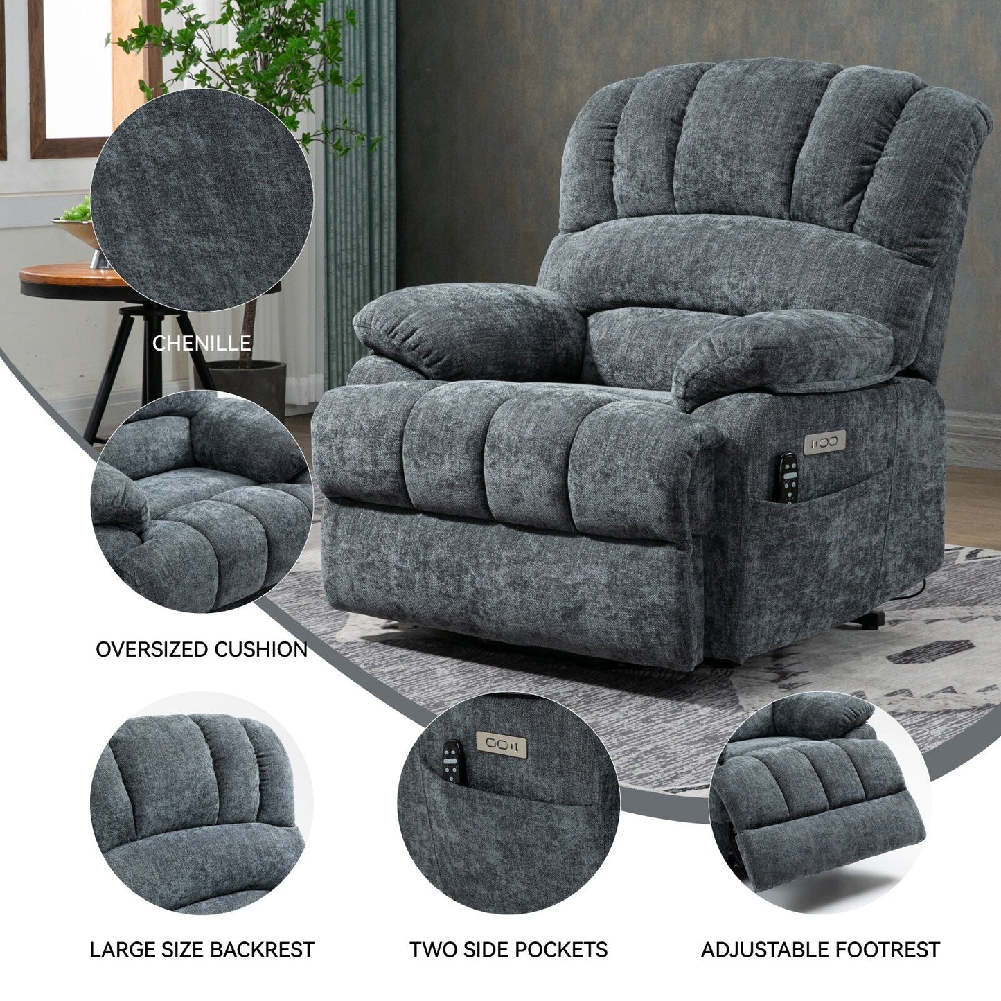 Fauteuil inclinable électrique de grande taille en chenille avec largeur d'assise de 23 pouces et dossier haut, massage par vibration à 8 points et chauffage lombaire