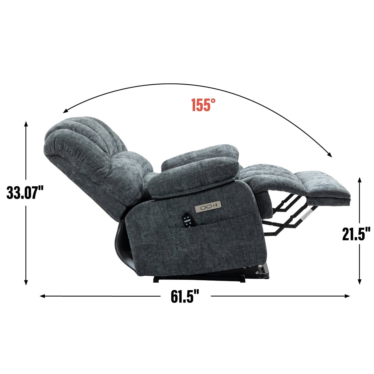 Fauteuil inclinable électrique de grande taille en chenille avec largeur d'assise de 23 pouces et dossier haut, massage par vibration à 8 points et chauffage lombaire