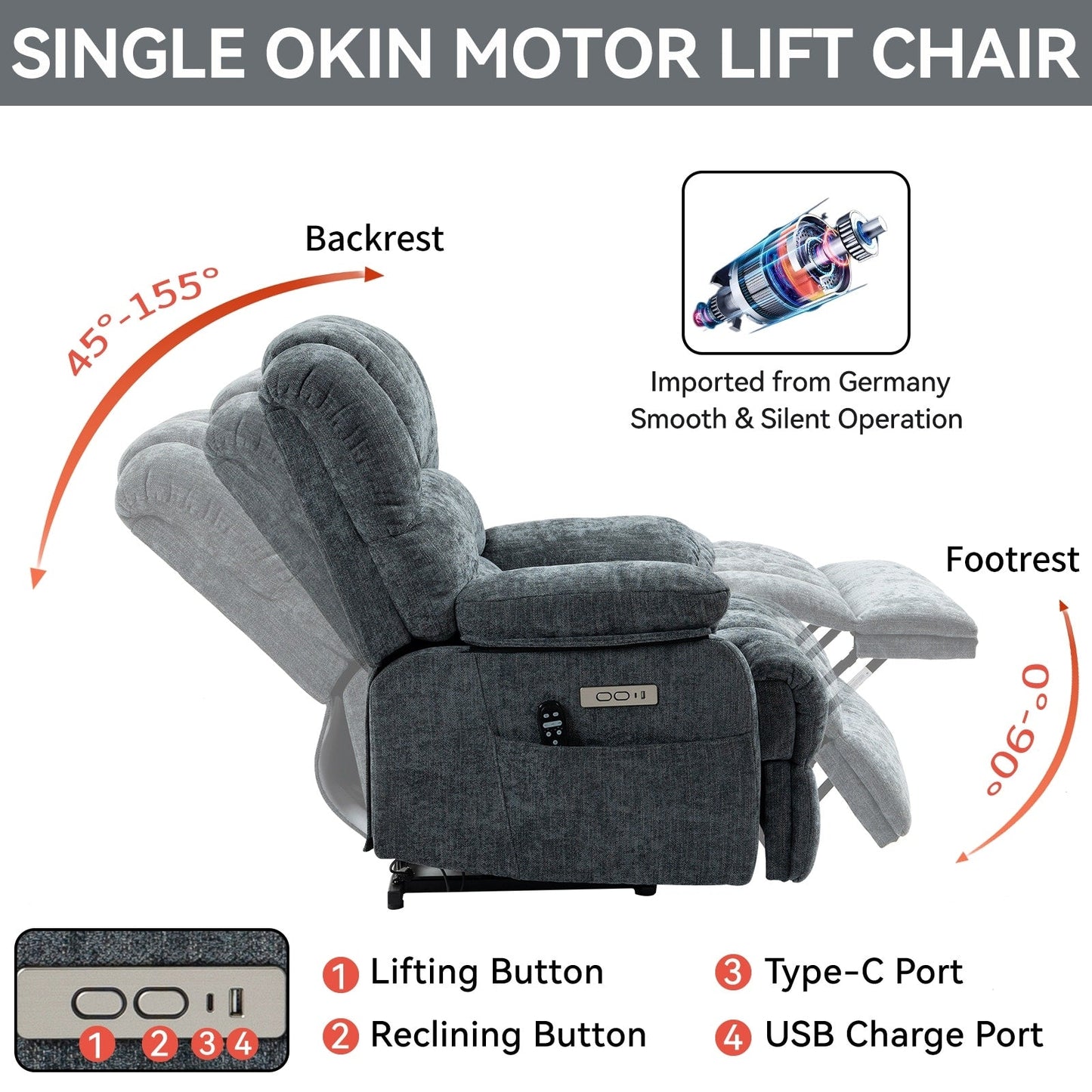 Fauteuil inclinable électrique de grande taille en chenille avec largeur d'assise de 23 pouces et dossier haut, massage par vibration à 8 points et chauffage lombaire