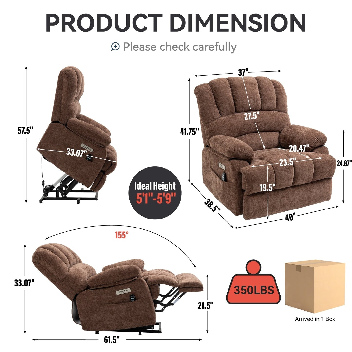 Fauteuil inclinable électrique de grande taille en chenille avec largeur d'assise de 23 pouces et dossier haut, massage par vibration à 8 points et chauffage lombaire
