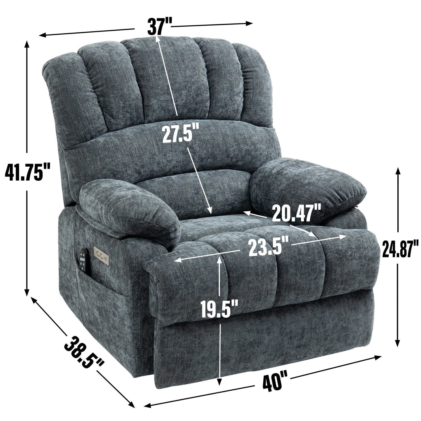Fauteuil inclinable électrique de grande taille en chenille avec largeur d'assise de 23 pouces et dossier haut, massage par vibration à 8 points et chauffage lombaire