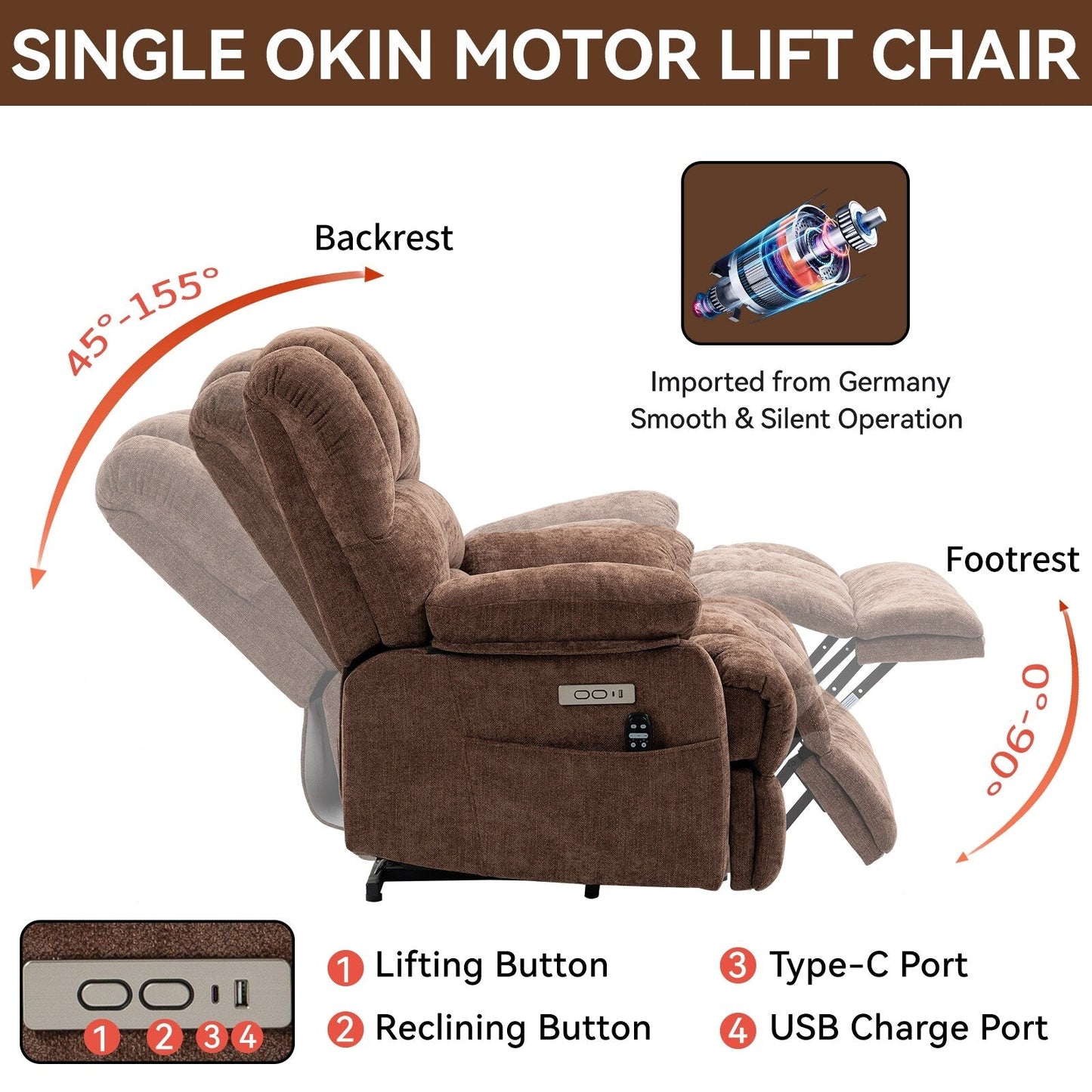 Fauteuil inclinable électrique de grande taille en chenille avec largeur d'assise de 23 pouces et dossier haut, massage par vibration à 8 points et chauffage lombaire