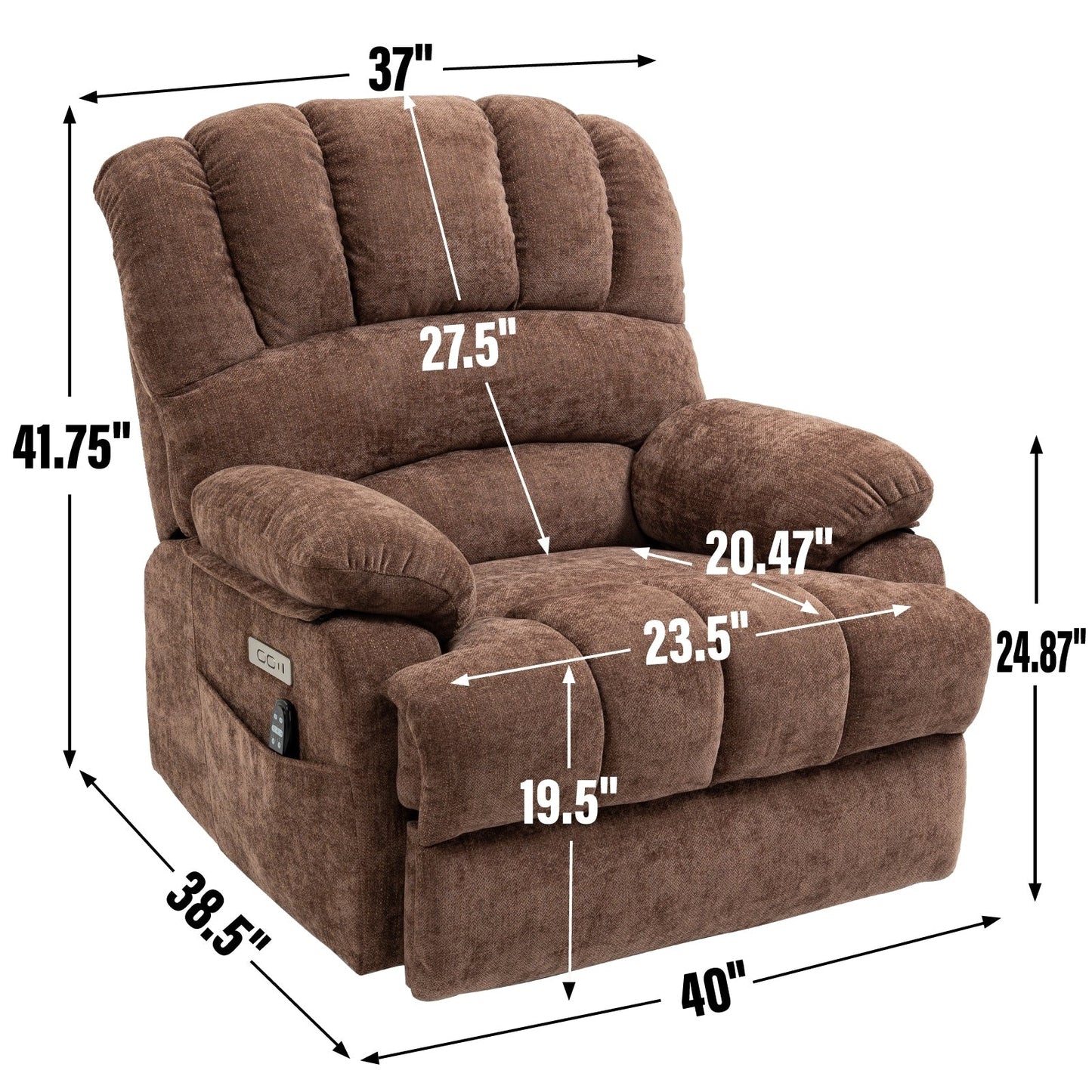 Fauteuil inclinable électrique de grande taille en chenille avec largeur d'assise de 23 pouces et dossier haut, massage par vibration à 8 points et chauffage lombaire