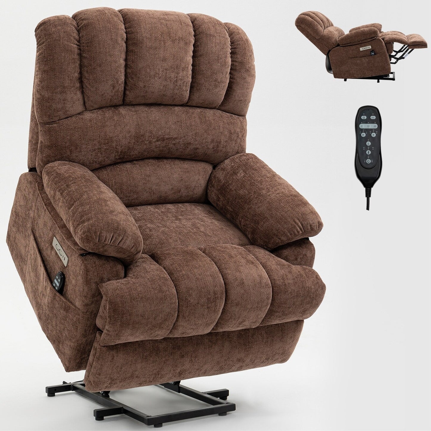 Fauteuil inclinable électrique de grande taille en chenille avec largeur d'assise de 23 pouces et dossier haut, massage par vibration à 8 points et chauffage lombaire