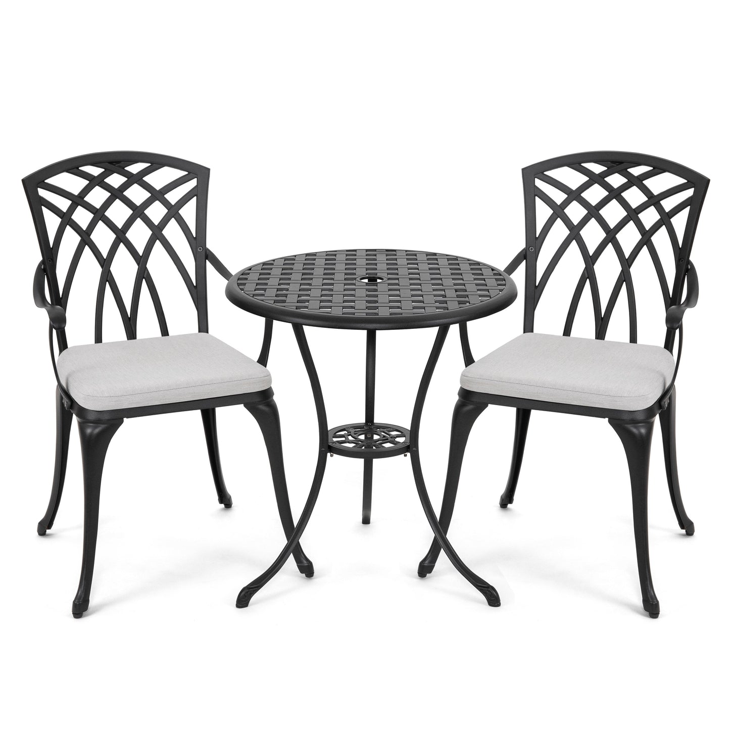Table de bistrot en fonte d'aluminium de 24 pouces et 2 chaises de bistrot avec coussins gris - Table ronde de 24 pouces