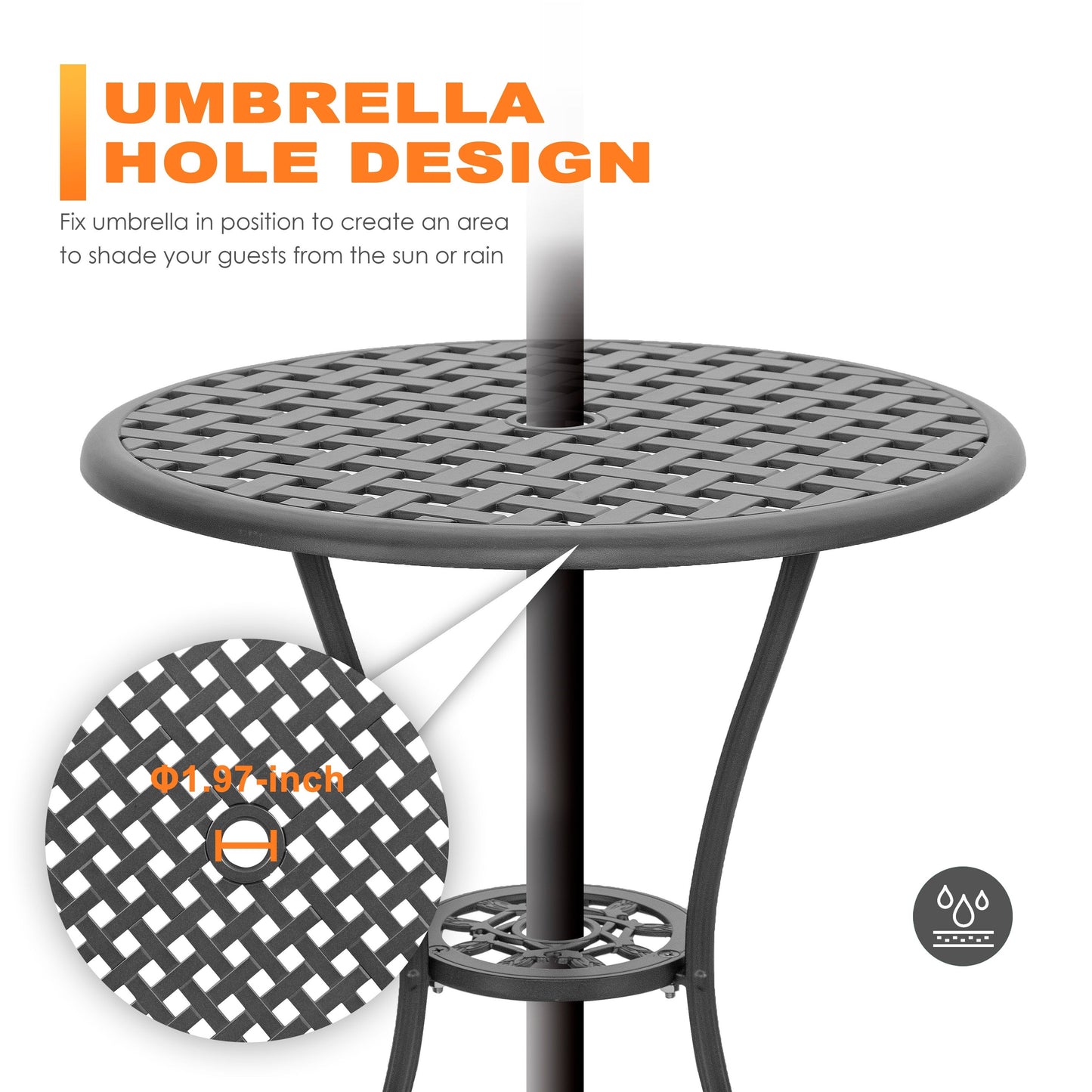 Table de bistrot en fonte d'aluminium de 24 pouces et 2 chaises de bistrot avec coussins gris - Table ronde de 24 pouces