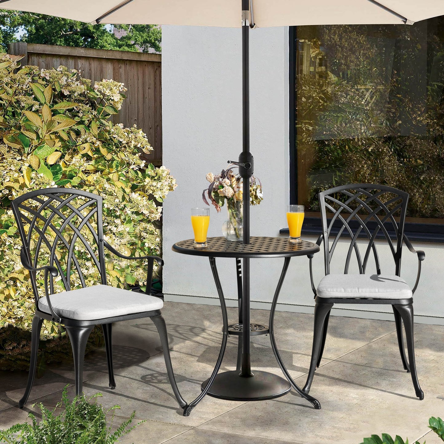 Table de bistrot en fonte d'aluminium de 24 pouces et 2 chaises de bistrot avec coussins gris - Table ronde de 24 pouces