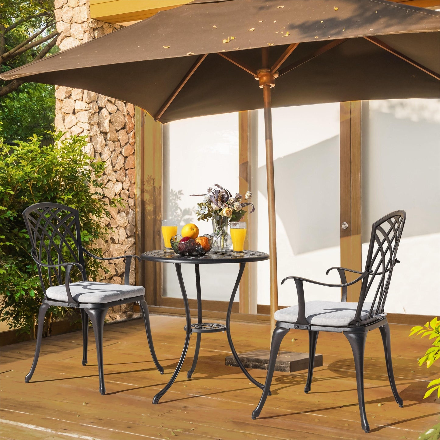 Table de bistrot en fonte d'aluminium de 24 pouces et 2 chaises de bistrot avec coussins gris - Table ronde de 24 pouces