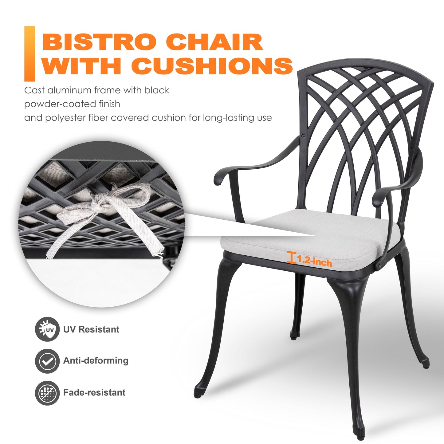Table de bistrot en fonte d'aluminium de 24 pouces et 2 chaises de bistrot avec coussins gris - Table ronde de 24 pouces