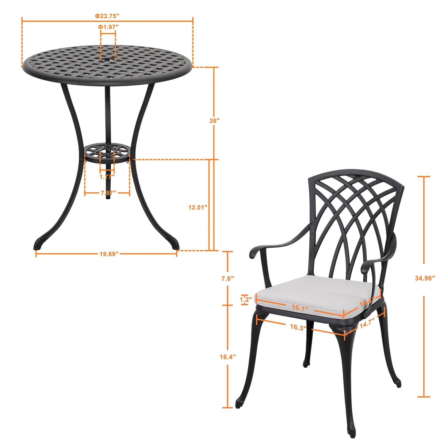 Table de bistrot en fonte d'aluminium de 24 pouces et 2 chaises de bistrot avec coussins gris - Table ronde de 24 pouces