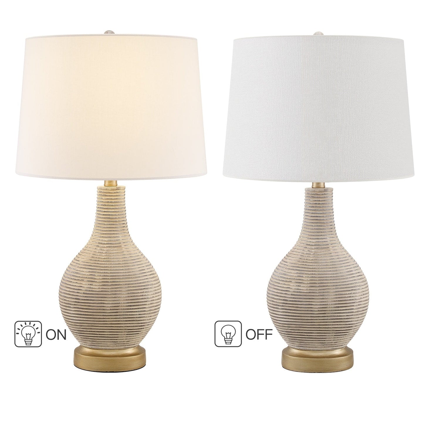 Lampe de table de style campagnard beige délavé/doré de 24,5 pouces avec abat-jour en lin blanc (lot de 2) - 24,5 H
