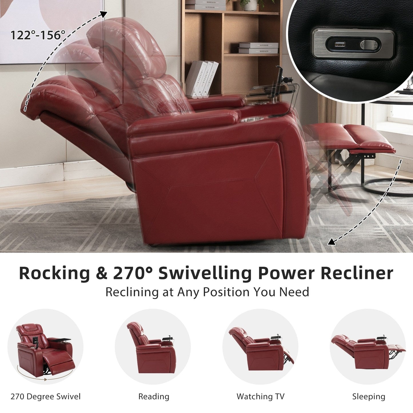 Fauteuil inclinable électrique pivotant à 270 degrés en cuir PU, siège individuel, fauteuil inclinable pour home cinéma avec dossier confortable et plateau