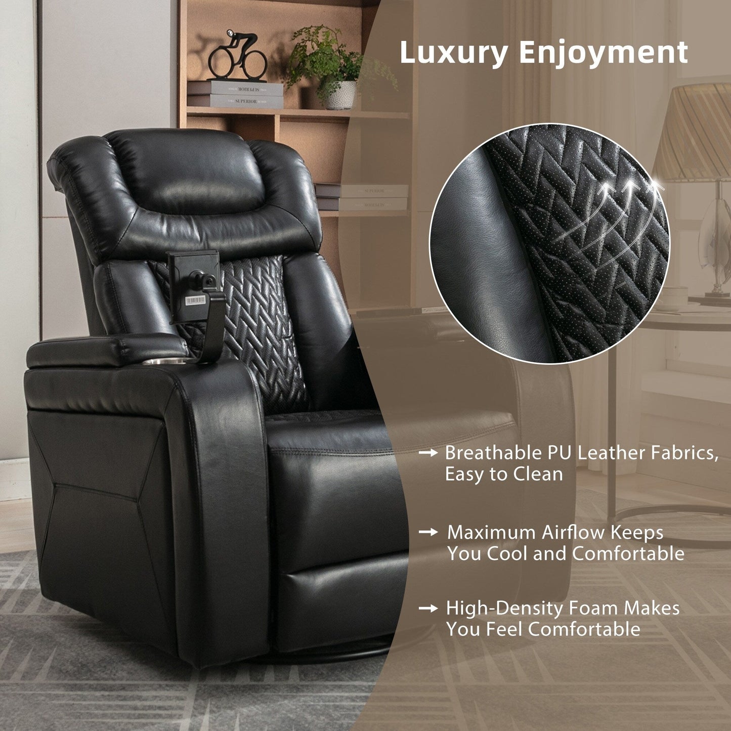 Fauteuil inclinable électrique pivotant à 270 degrés en cuir PU, siège individuel, fauteuil inclinable pour home cinéma avec dossier confortable et plateau