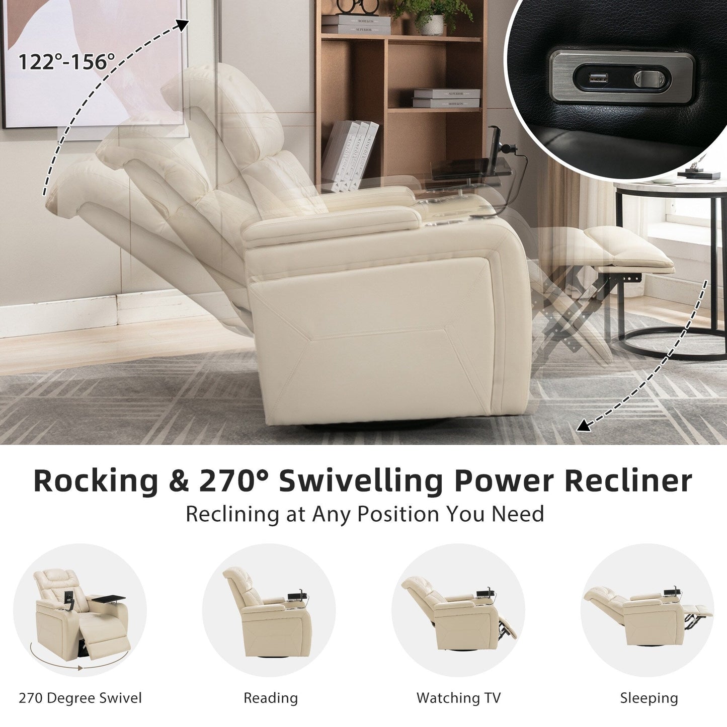 Fauteuil inclinable électrique pivotant à 270 degrés en cuir PU, siège individuel, fauteuil inclinable pour home cinéma avec dossier confortable et plateau