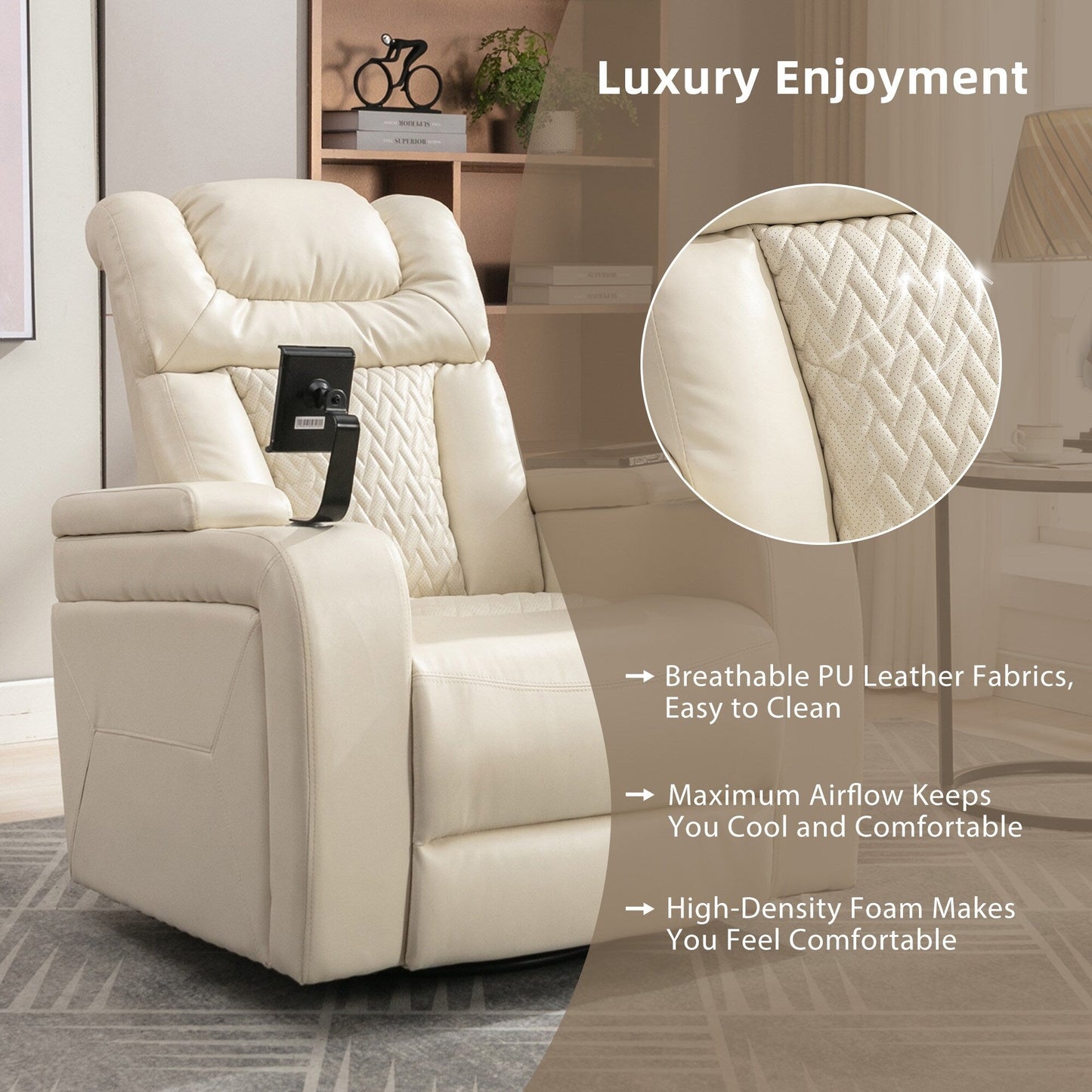 Fauteuil inclinable électrique pivotant à 270 degrés en cuir PU, siège individuel, fauteuil inclinable pour home cinéma avec dossier confortable et plateau