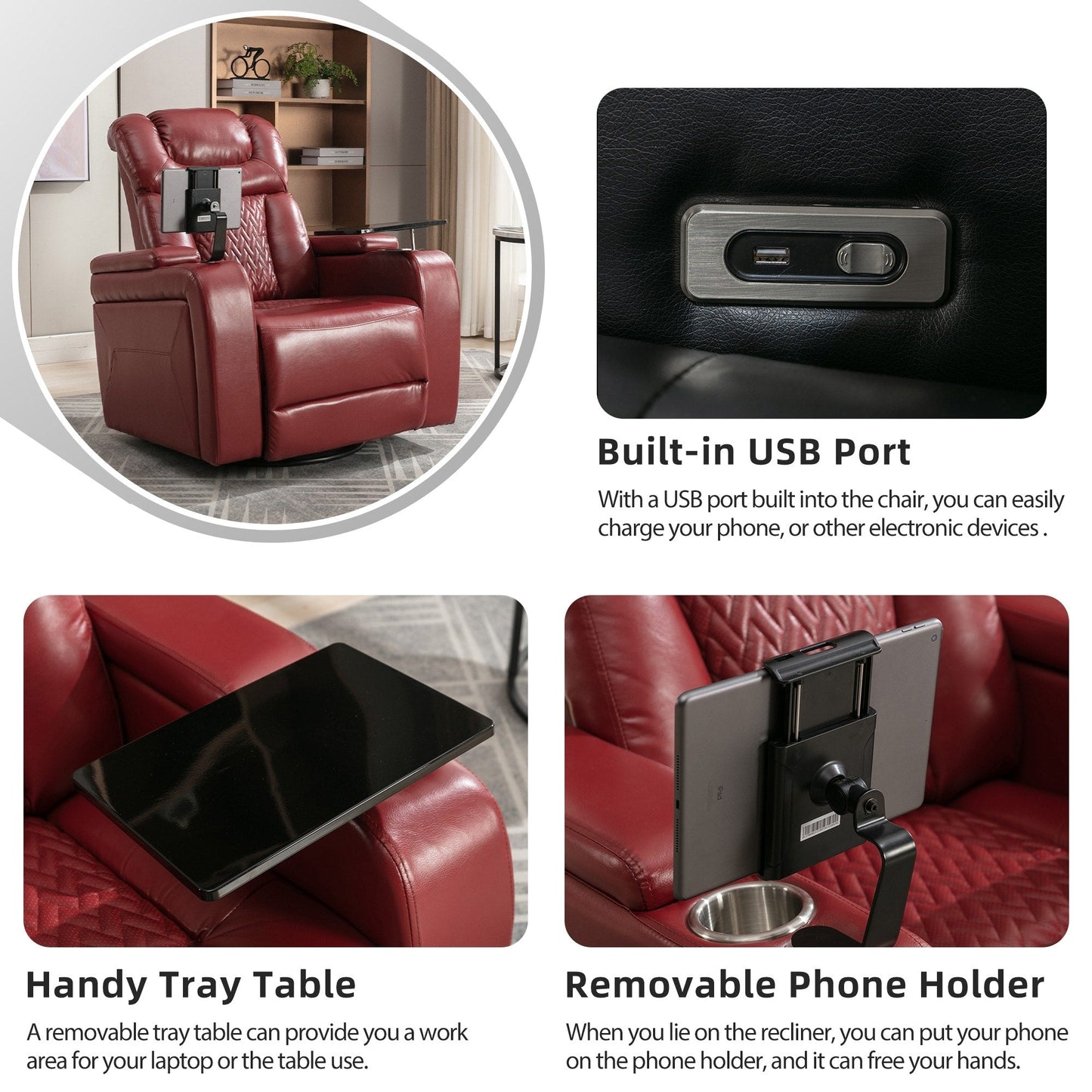 Fauteuil inclinable électrique pivotant à 270 degrés en cuir PU, siège individuel, fauteuil inclinable pour home cinéma avec dossier confortable et plateau