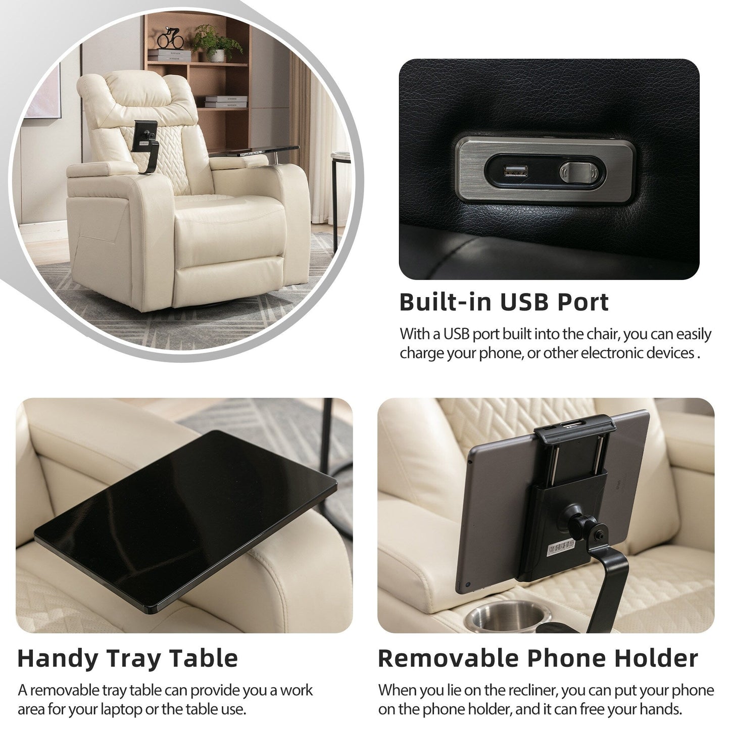 Fauteuil inclinable électrique pivotant à 270 degrés en cuir PU, siège individuel, fauteuil inclinable pour home cinéma avec dossier confortable et plateau