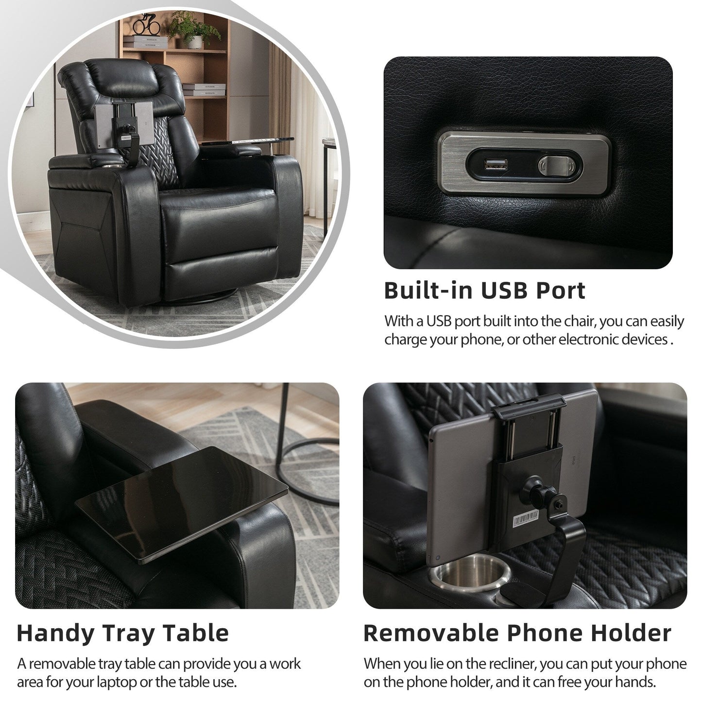 Fauteuil inclinable électrique pivotant à 270 degrés en cuir PU, siège individuel, fauteuil inclinable pour home cinéma avec dossier confortable et plateau
