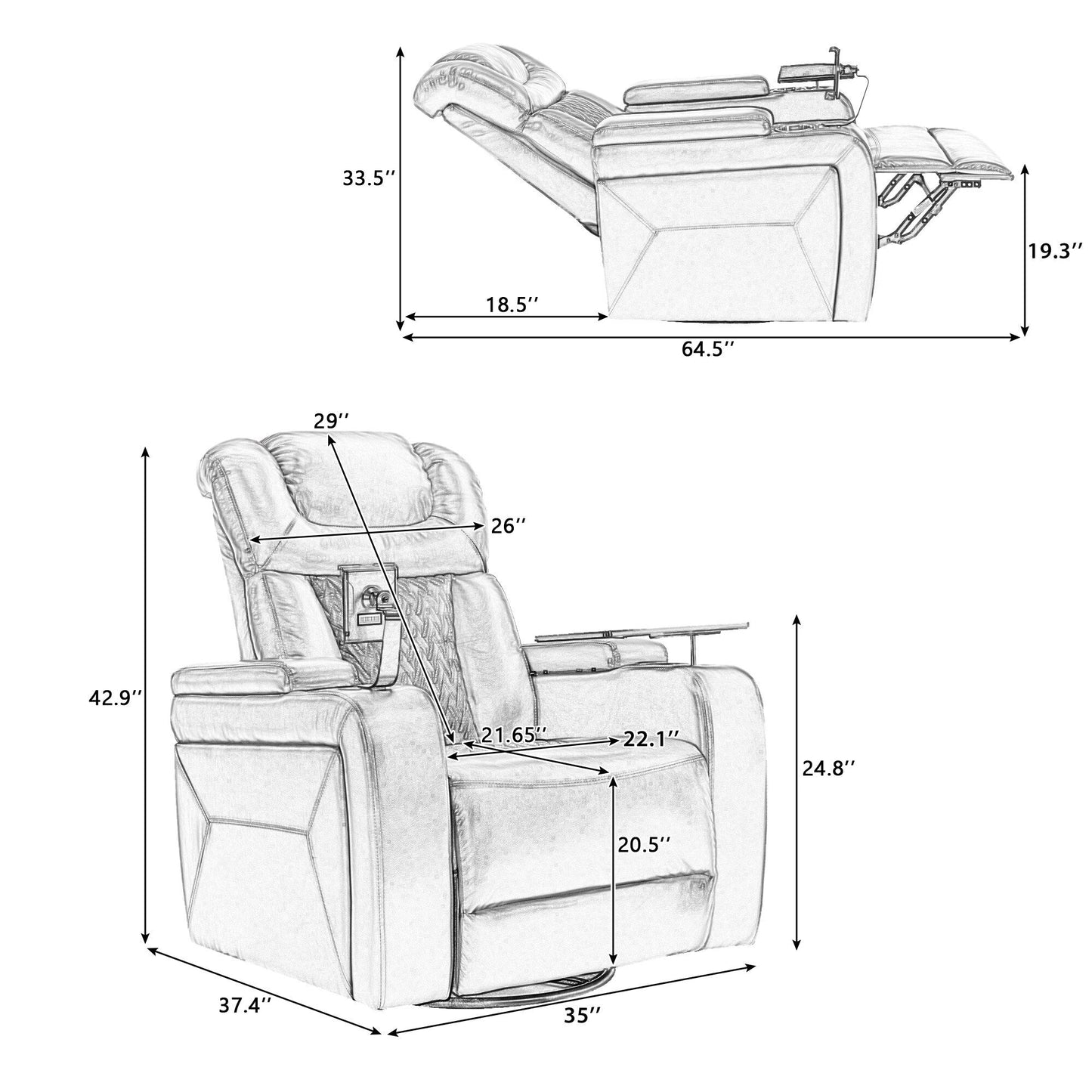 Fauteuil inclinable électrique pivotant à 270 degrés en cuir PU, siège individuel, fauteuil inclinable pour home cinéma avec dossier confortable et plateau