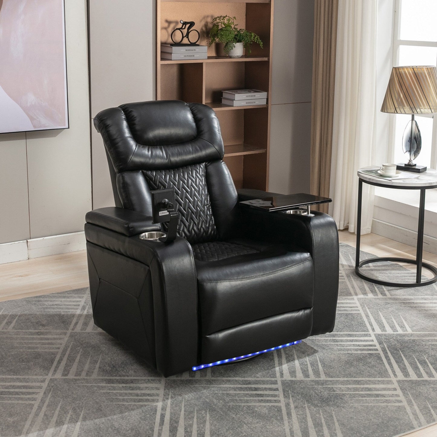 Fauteuil inclinable électrique pivotant à 270 degrés pour home cinéma avec plateau, support pour téléphone, porte-gobelet et port USB