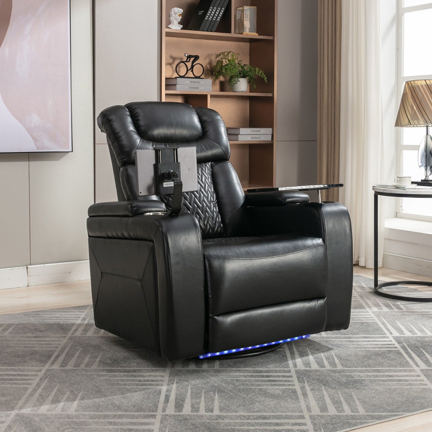Fauteuil inclinable électrique pivotant à 270 degrés pour home cinéma avec plateau, support pour téléphone, porte-gobelet et port USB