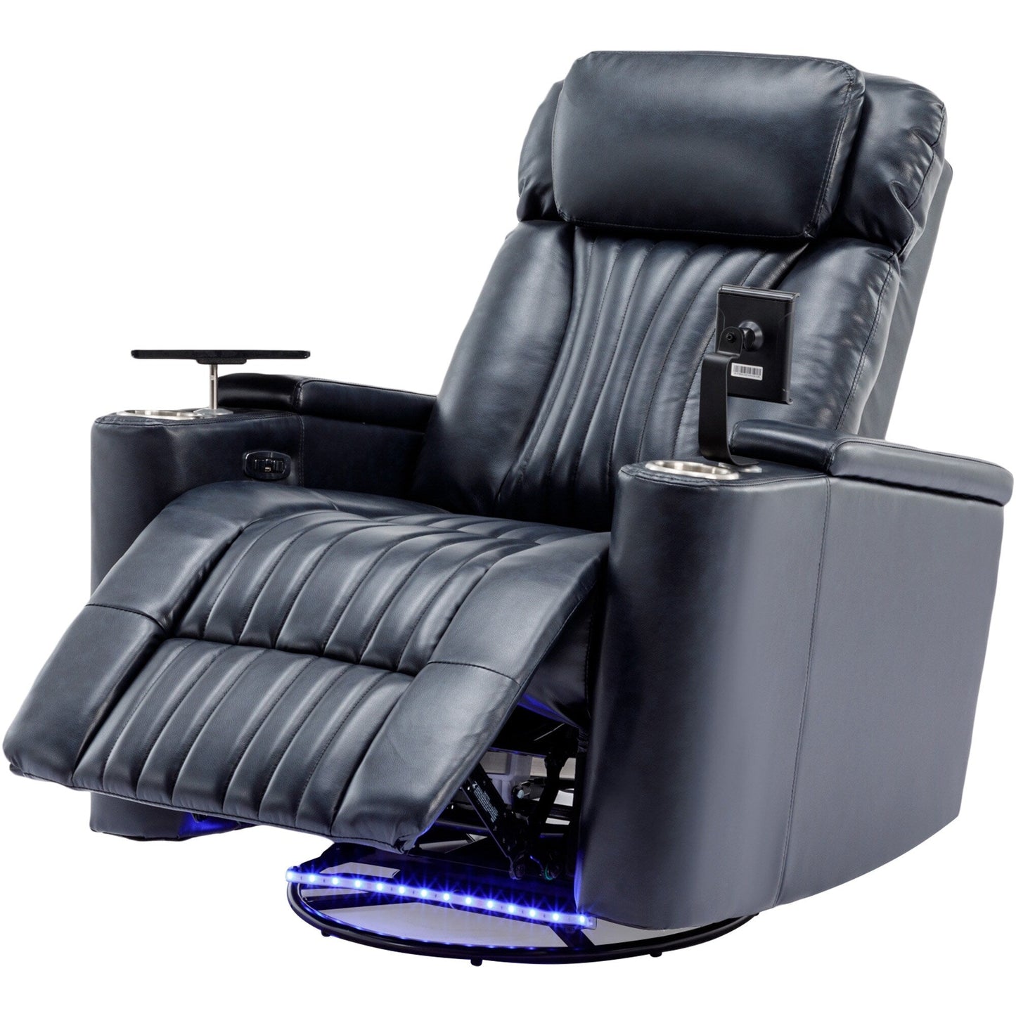 Fauteuil inclinable pivotant à 270°, siège home cinéma avec rangement dissimulé pour les accoudoirs, bande lumineuse LED et porte-gobelet