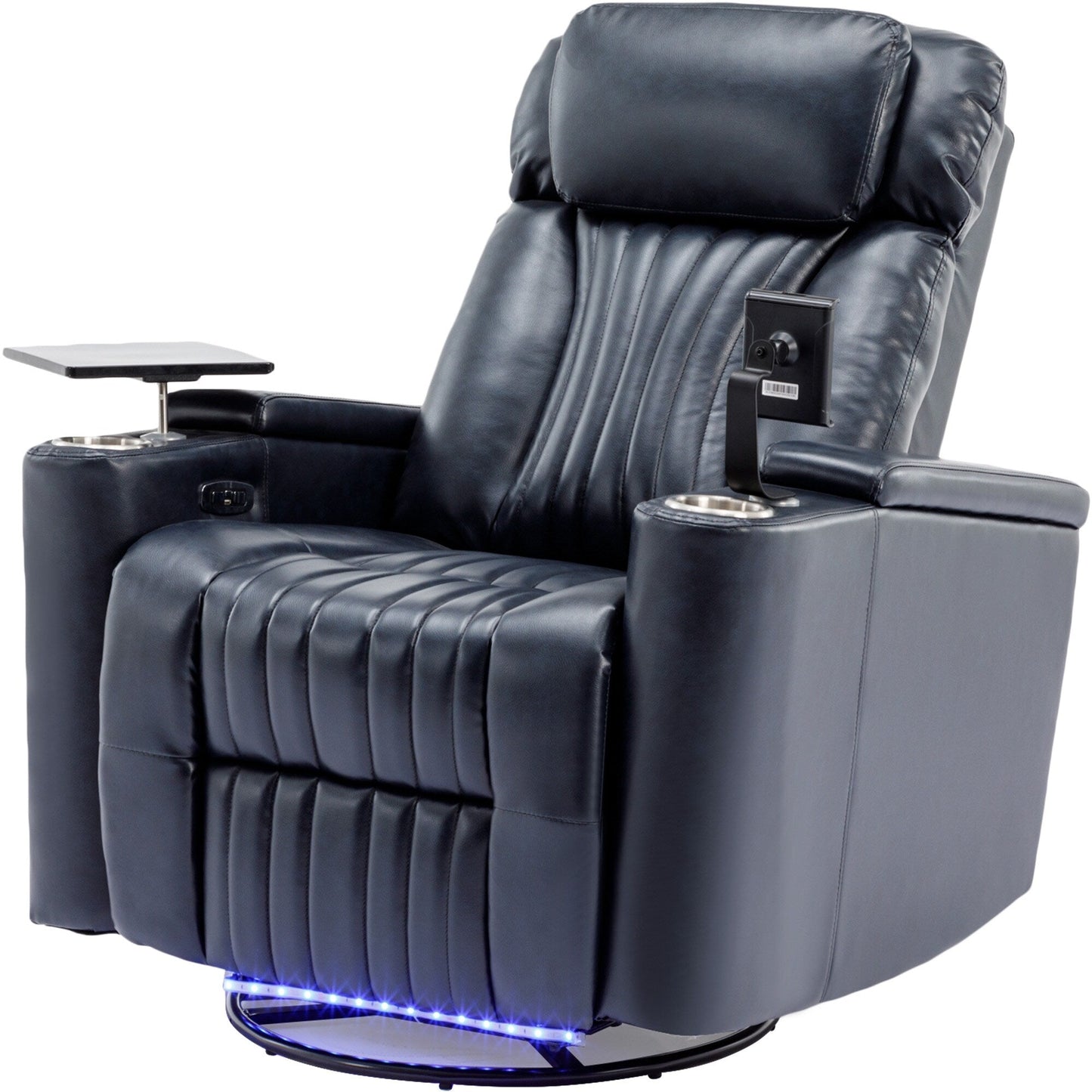 Fauteuil inclinable pivotant à 270°, siège home cinéma avec rangement dissimulé pour les accoudoirs, bande lumineuse LED et porte-gobelet