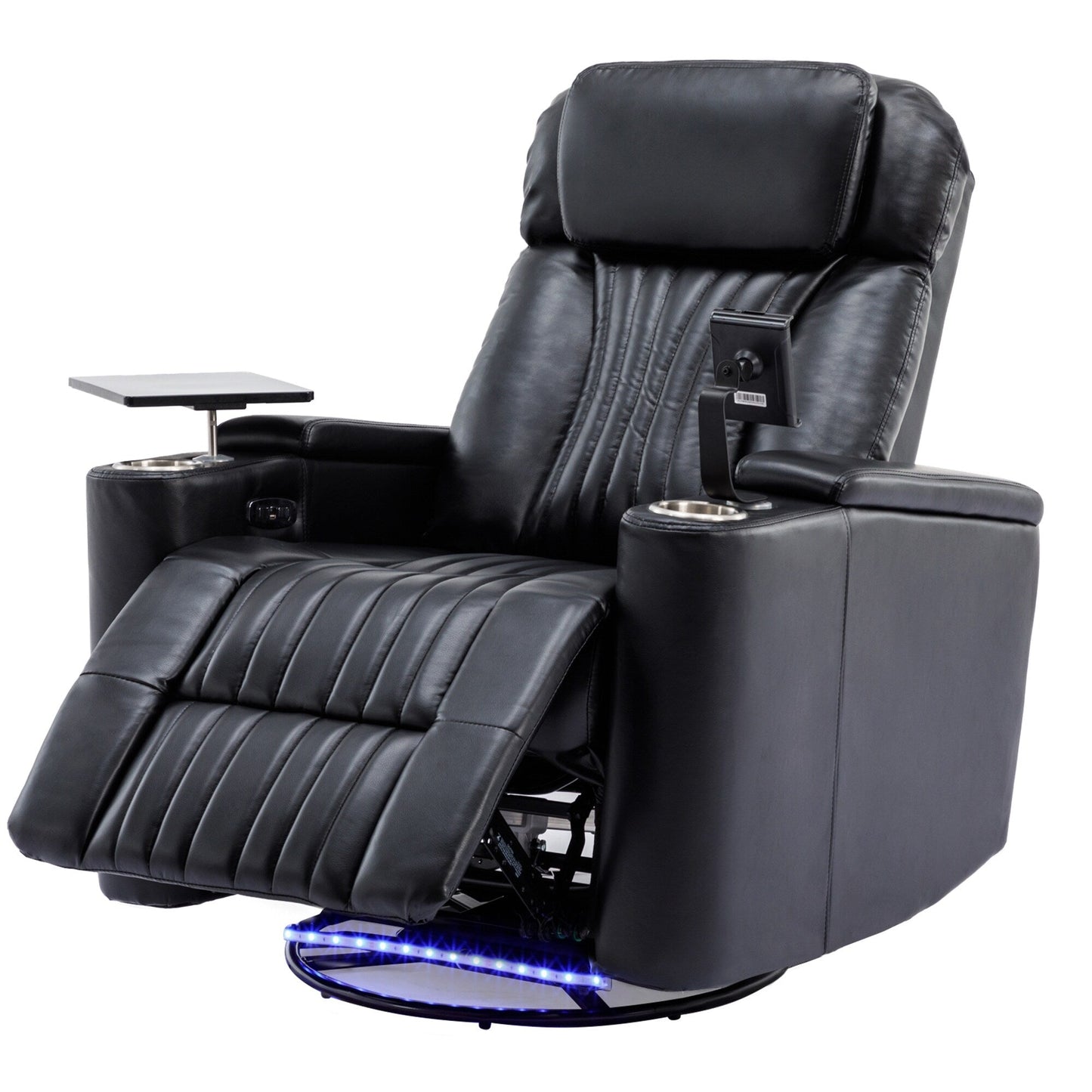 Fauteuil inclinable pivotant à 270°, siège home cinéma avec rangement dissimulé pour les accoudoirs, bande lumineuse LED et porte-gobelet