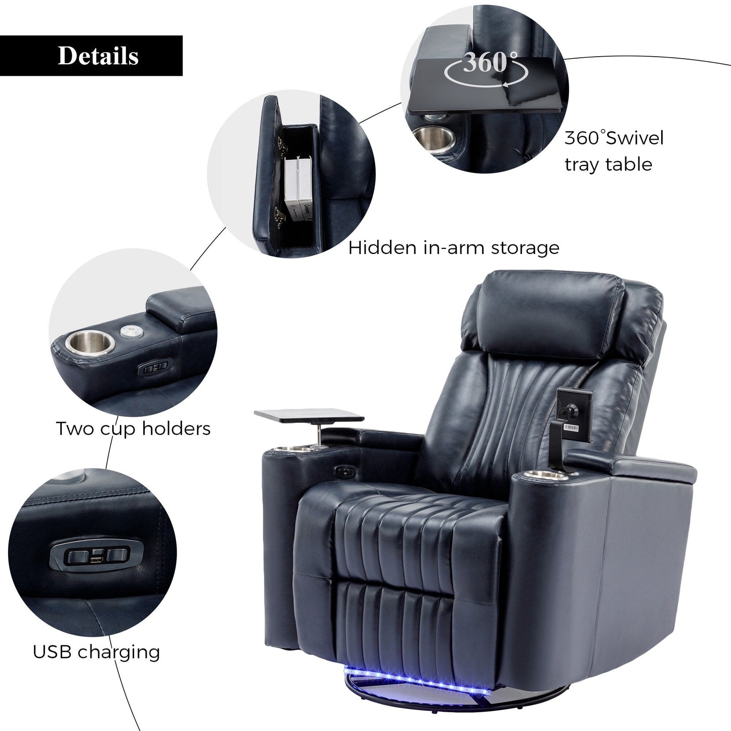Fauteuil inclinable pivotant à 270°, siège home cinéma avec rangement dissimulé pour les accoudoirs, bande lumineuse LED et porte-gobelet