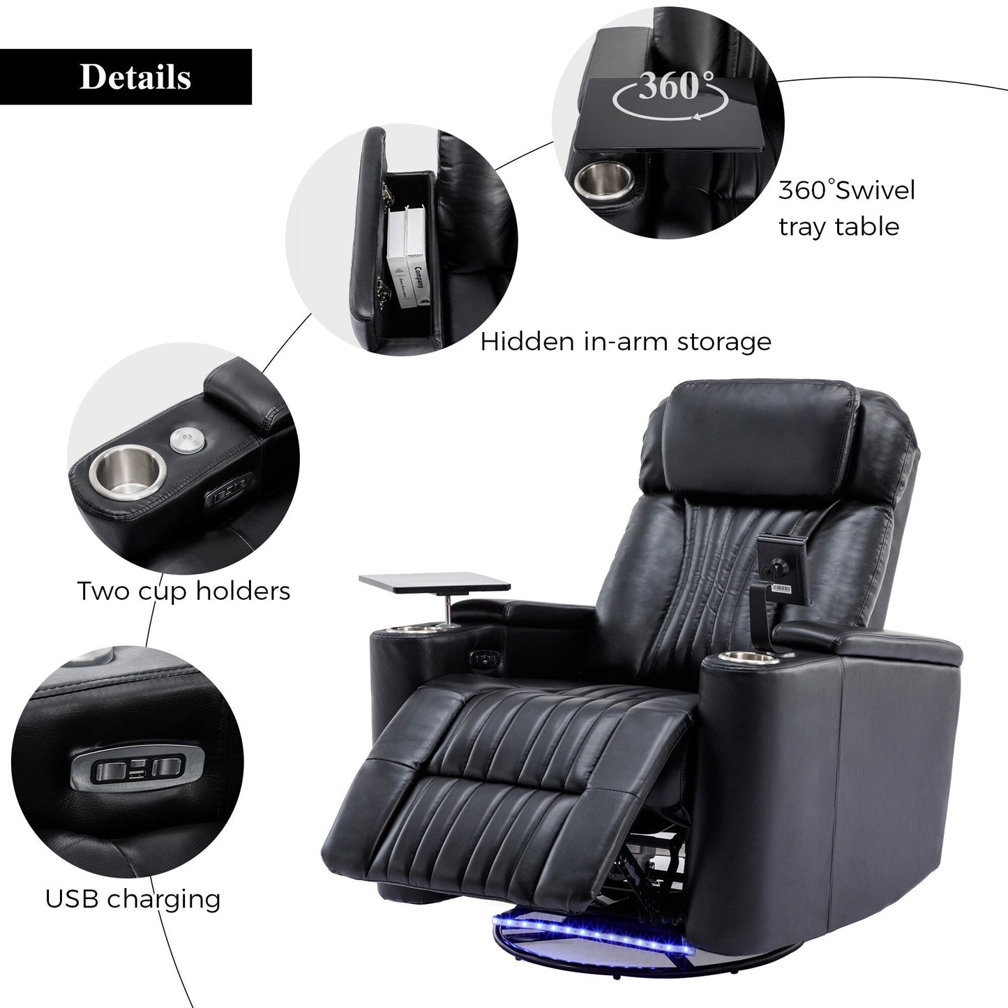 Fauteuil inclinable pivotant à 270°, siège home cinéma avec rangement dissimulé pour les accoudoirs, bande lumineuse LED et porte-gobelet