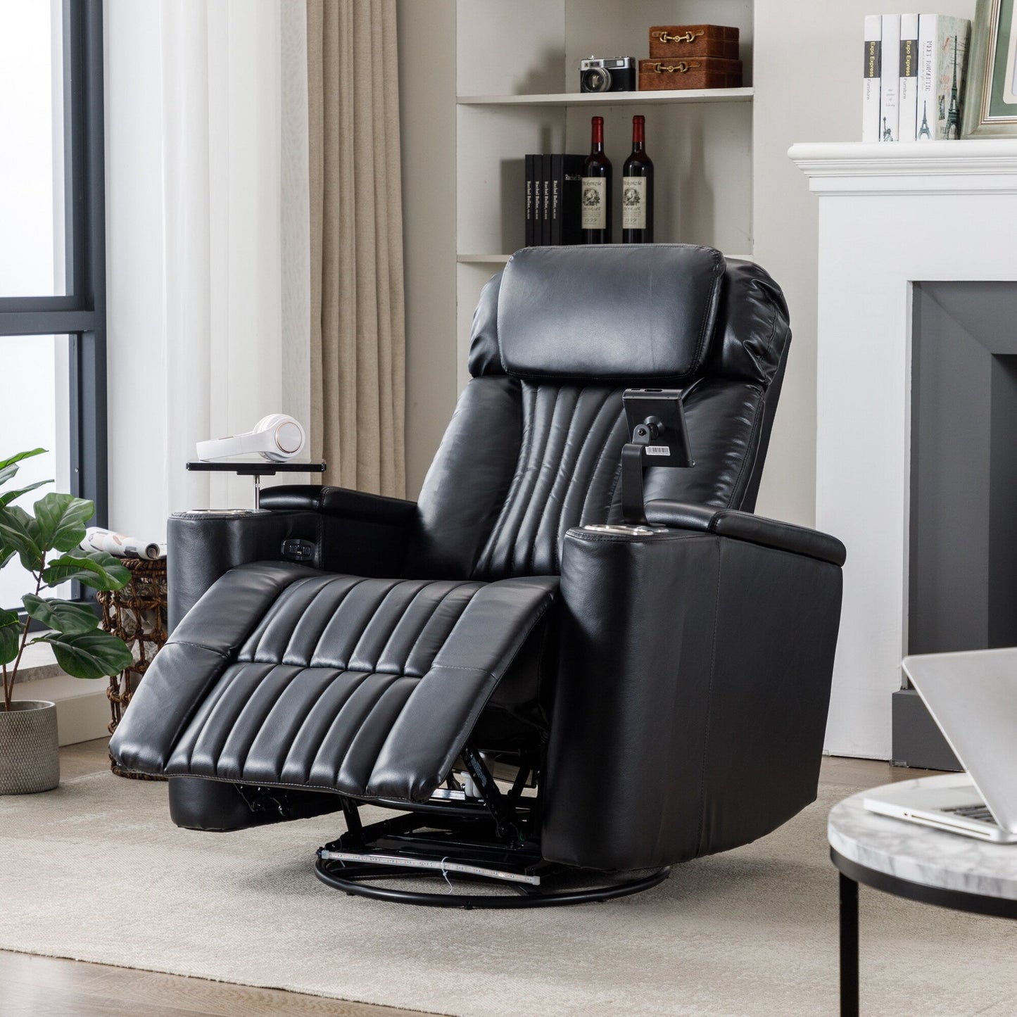 Fauteuil inclinable pivotant à 270°, siège home cinéma avec rangement dissimulé pour les accoudoirs, bande lumineuse LED et porte-gobelet