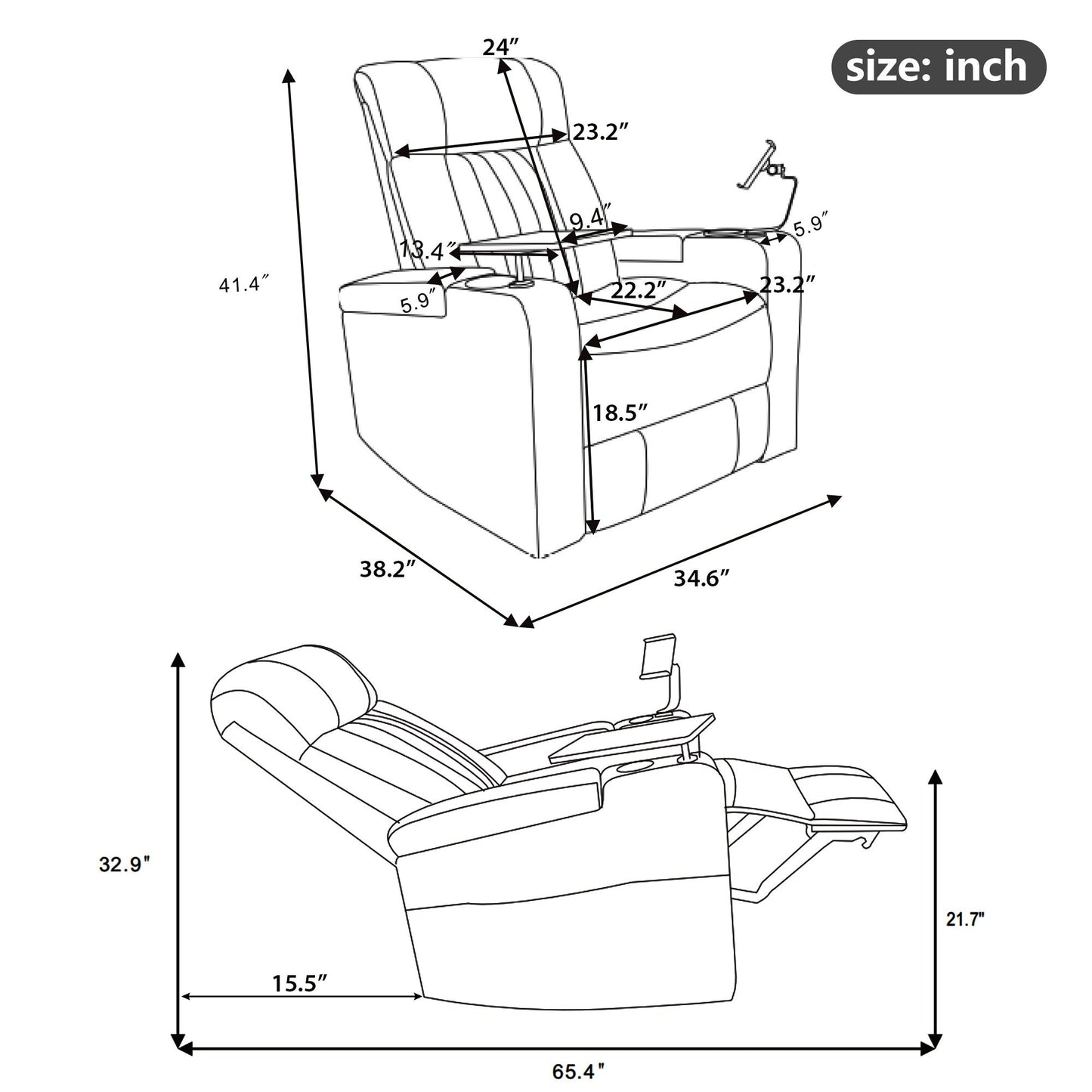 Fauteuil inclinable pivotant à 270°, siège home cinéma avec rangement dissimulé pour les accoudoirs, bande lumineuse LED et porte-gobelet