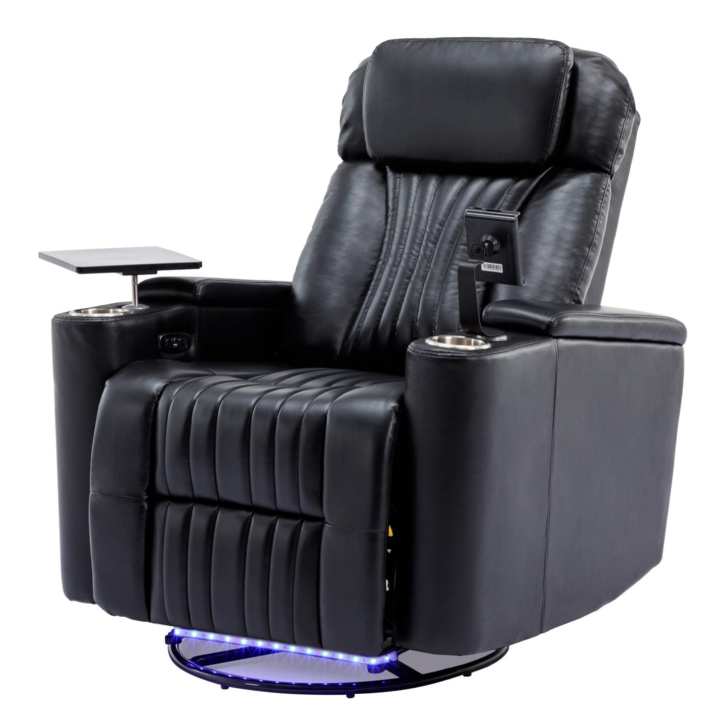 Fauteuil inclinable pivotant à 270°, siège home cinéma avec rangement dissimulé pour les accoudoirs, bande lumineuse LED et porte-gobelet