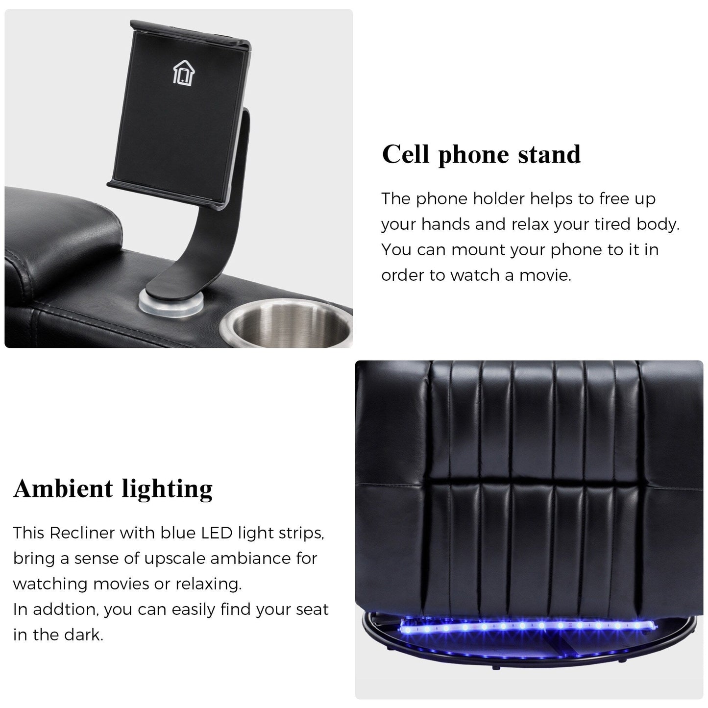 Fauteuil inclinable pivotant à 270°, siège home cinéma avec rangement dissimulé pour les accoudoirs, bande lumineuse LED et porte-gobelet