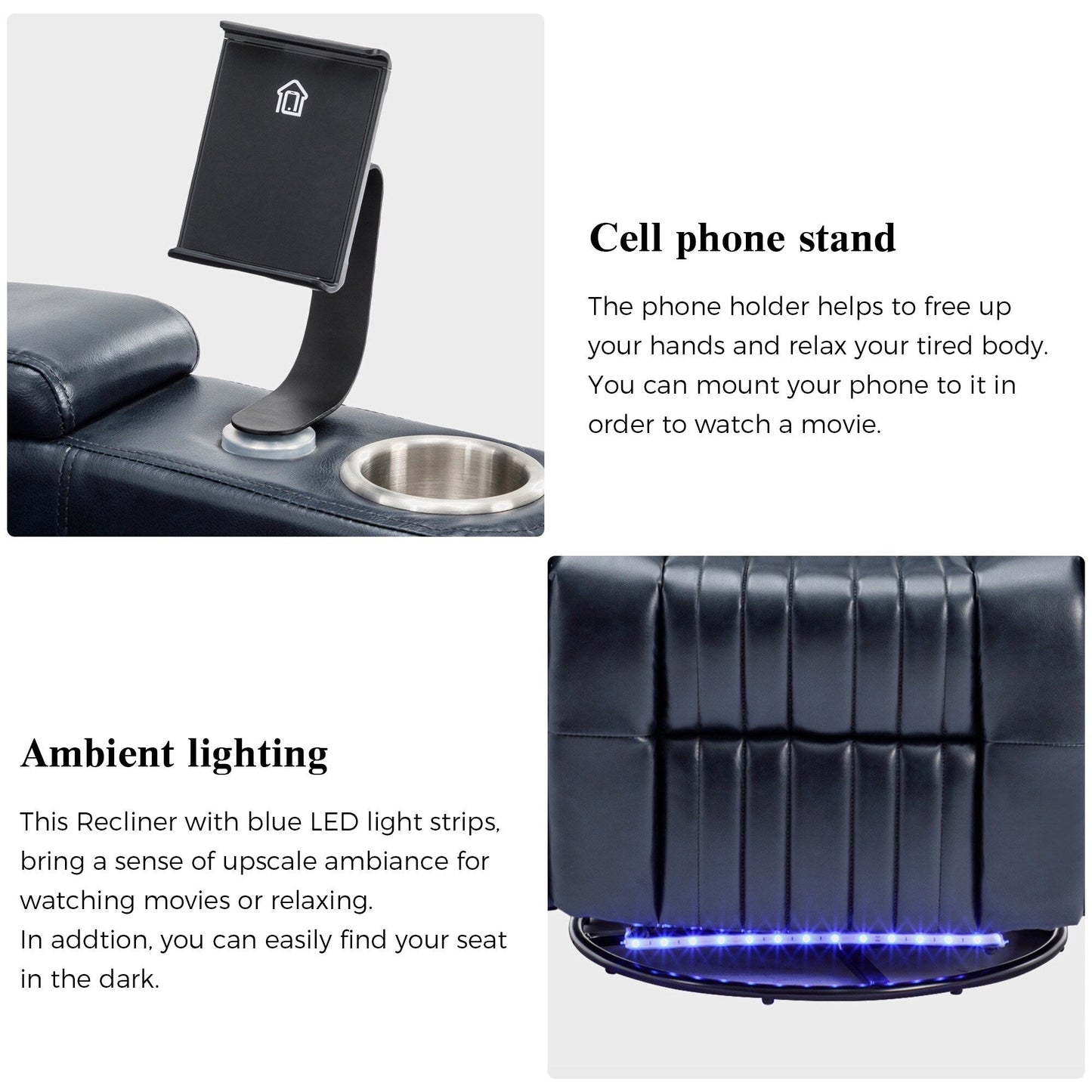 Fauteuil inclinable pivotant à 270°, siège home cinéma avec rangement dissimulé pour les accoudoirs, bande lumineuse LED et porte-gobelet