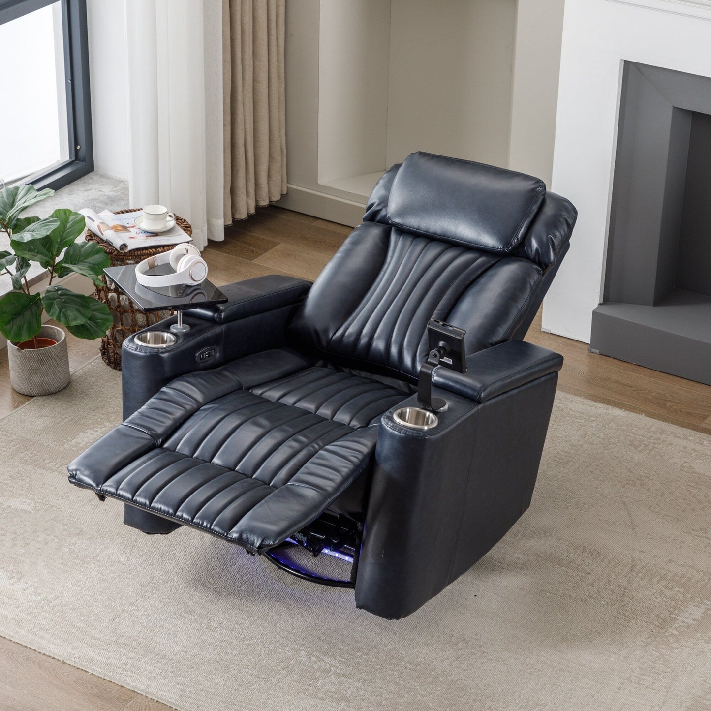 Fauteuil inclinable pivotant à 270°, siège home cinéma avec rangement dissimulé pour les accoudoirs, bande lumineuse LED et porte-gobelet