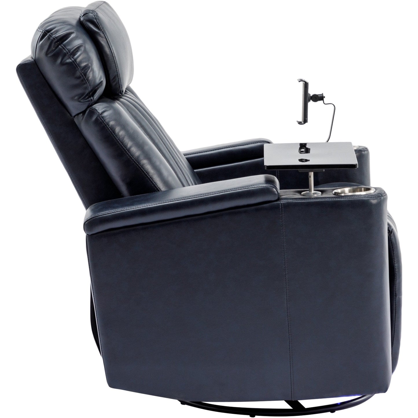 Fauteuil inclinable pivotant à 270°, siège home cinéma avec rangement dissimulé pour les accoudoirs, bande lumineuse LED et porte-gobelet