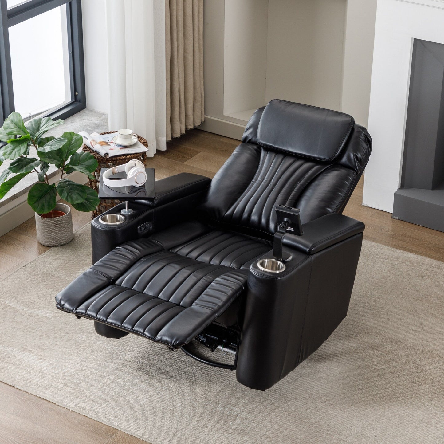 Fauteuil inclinable pivotant à 270°, siège home cinéma avec rangement dissimulé pour les accoudoirs, bande lumineuse LED et porte-gobelet
