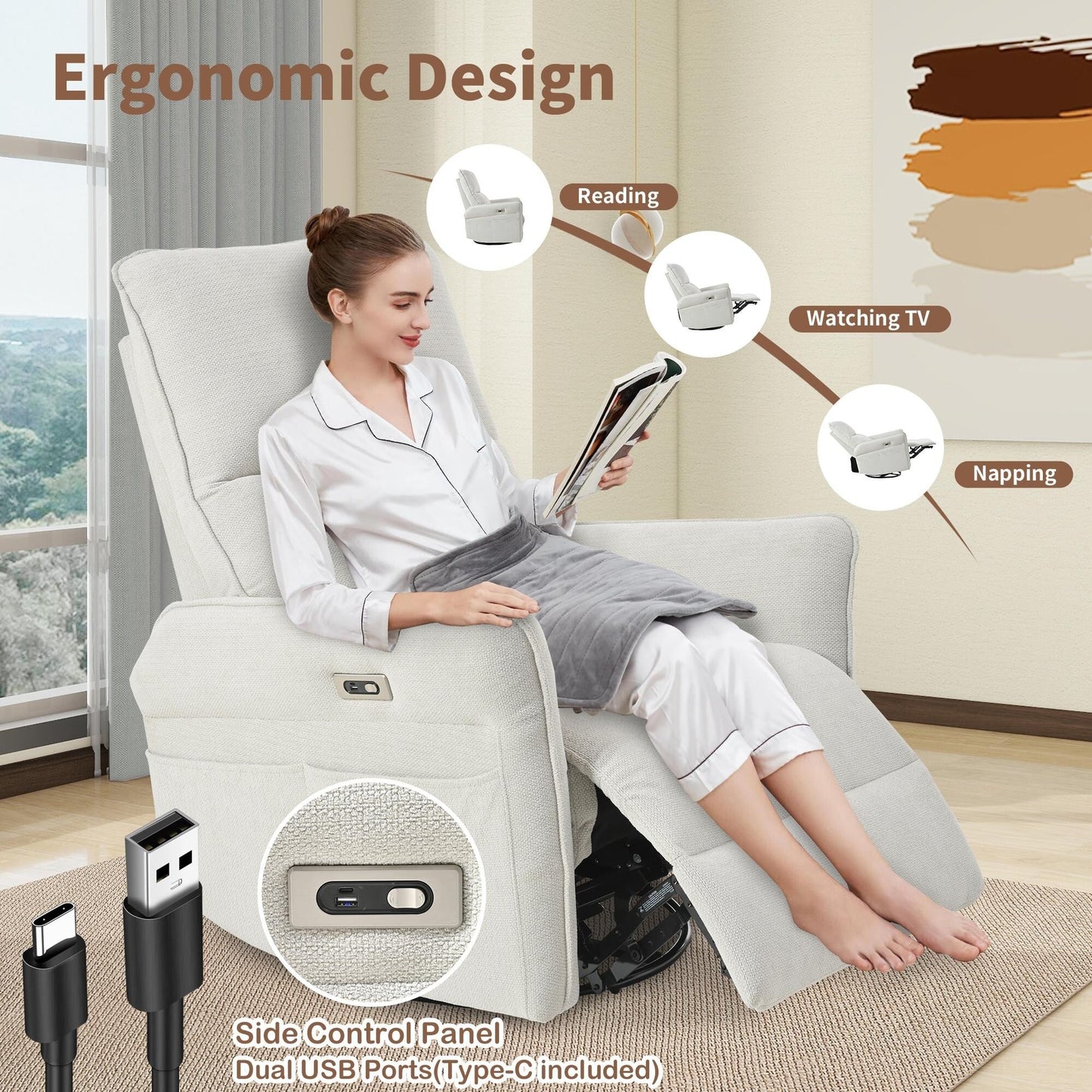 Fauteuil inclinable pivotant à 270° pour adultes, fauteuil inclinable pivotant à bascule, fauteuil inclinable électrique pour petits espaces