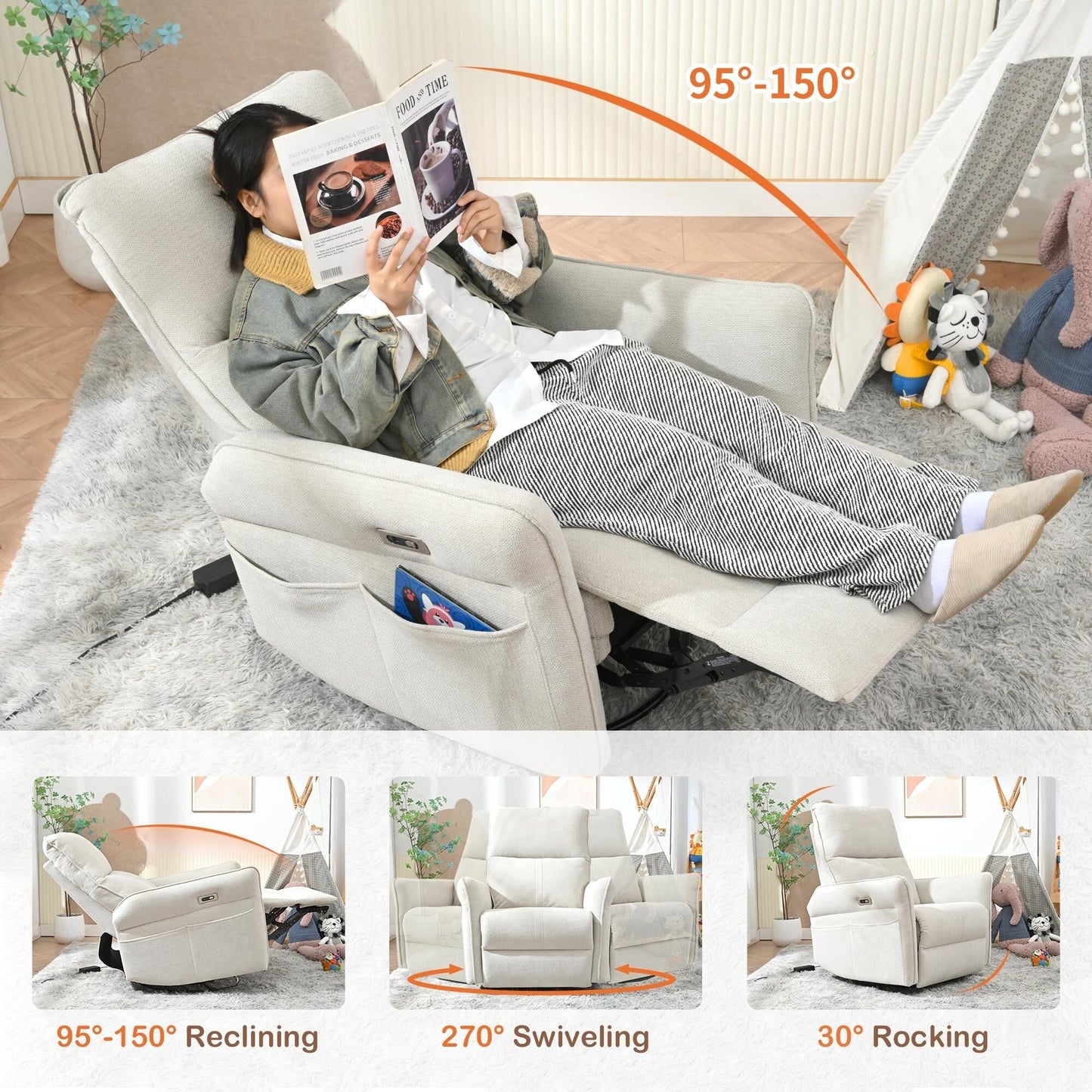 Fauteuil inclinable pivotant à 270° pour adultes, fauteuil inclinable pivotant à bascule, fauteuil inclinable électrique pour petits espaces