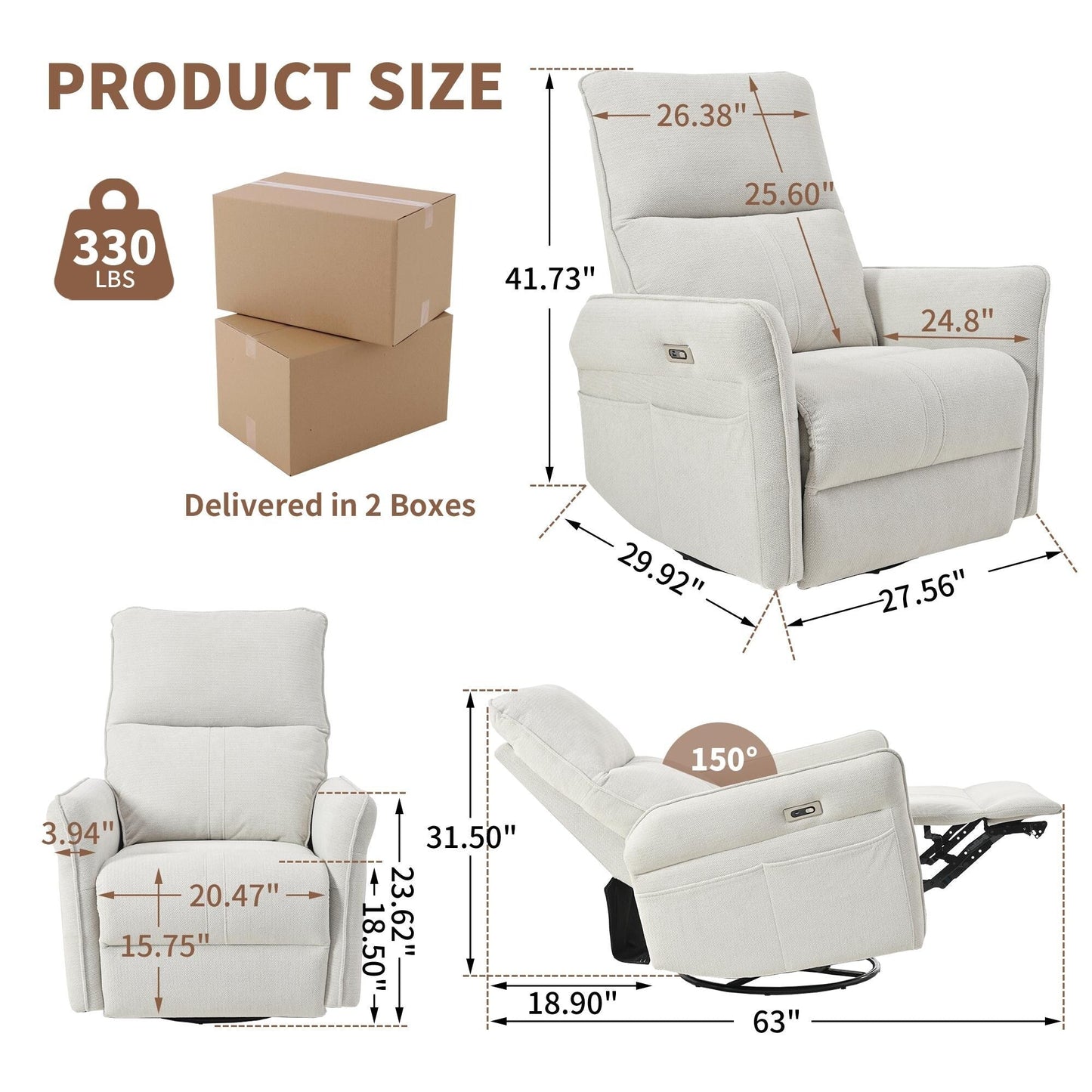 Fauteuil inclinable pivotant à 270° pour adultes, fauteuil inclinable pivotant à bascule, petit fauteuil inclinable électrique