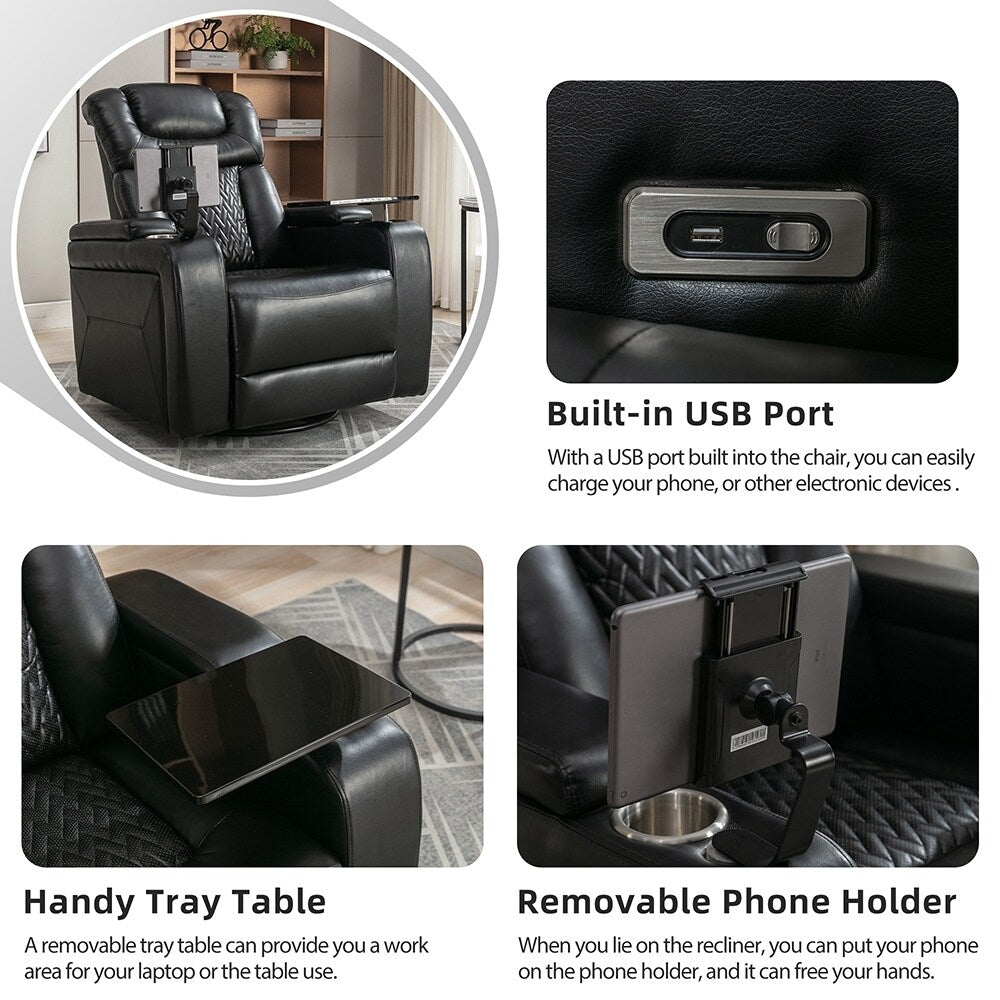 Fauteuil inclinable électrique pivotant à 270°, fauteuil multimédia avec plusieurs plateaux et rangement
