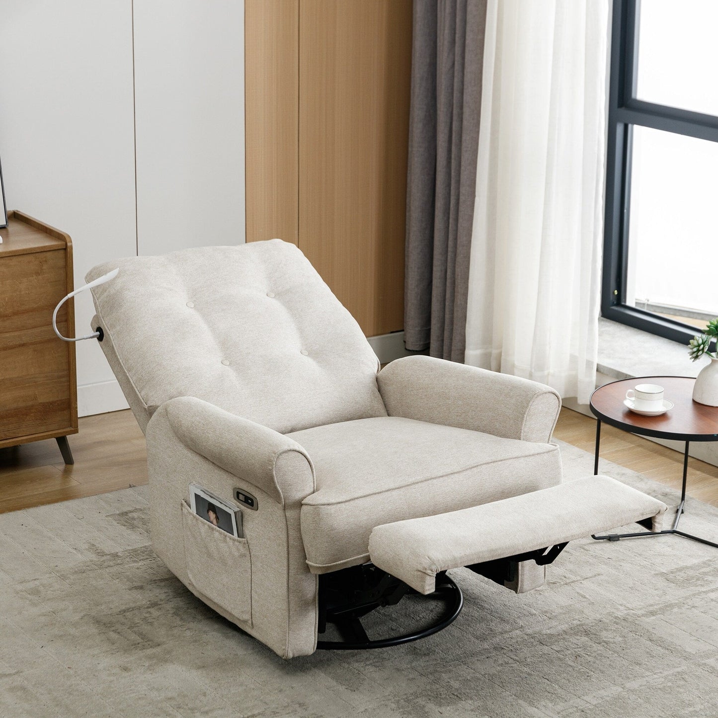 Fauteuil inclinable pivotant à 270° avec ports USB, lampe tactile, poche de rangement latérale et base à bascule