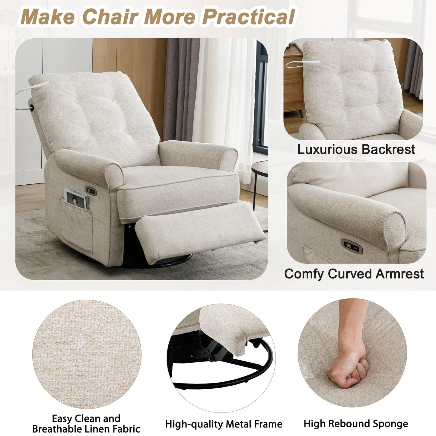 Fauteuil inclinable pivotant à 270° avec ports USB, lampe tactile, poche de rangement latérale et base à bascule